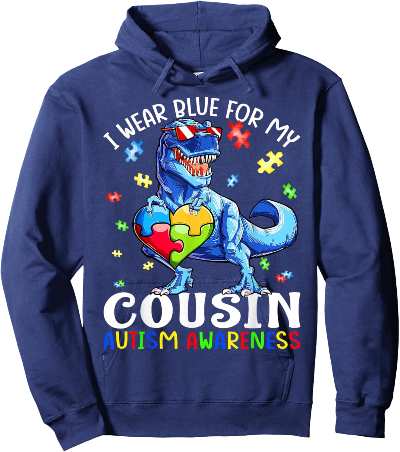 I Wear Blue For My Cousin Autism Awareness Dinosaur T Rex Hoodie - Hoodie | Navy