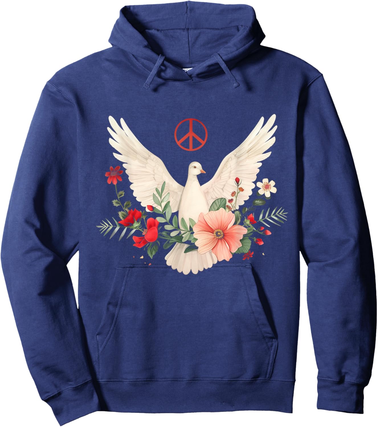 Peace Sign Dove White Pigeon Bird Vintage Flowers Hoodie - Hoodie | Navy