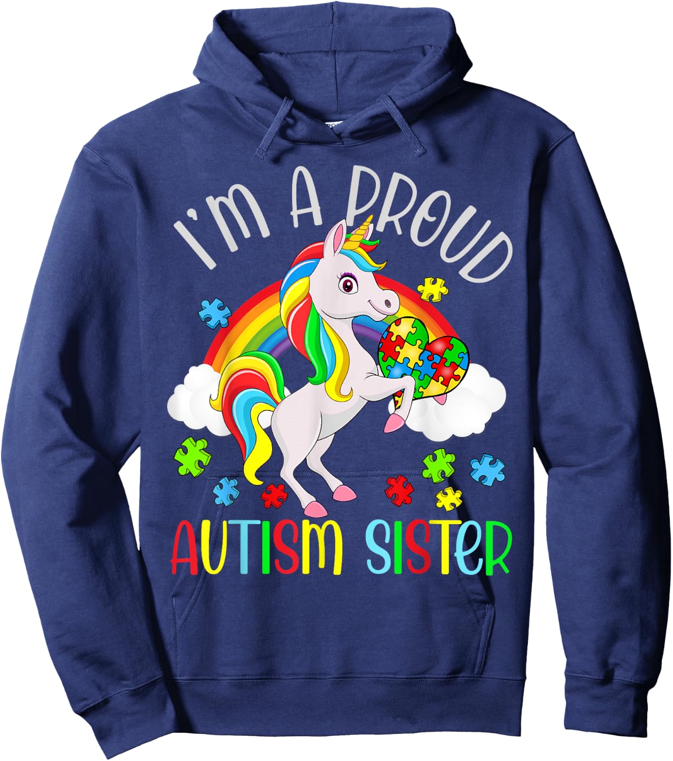 Proud Sister Autism Awareness Cute Unicorn Puzzle Piece Hoodie - Hoodie | Navy