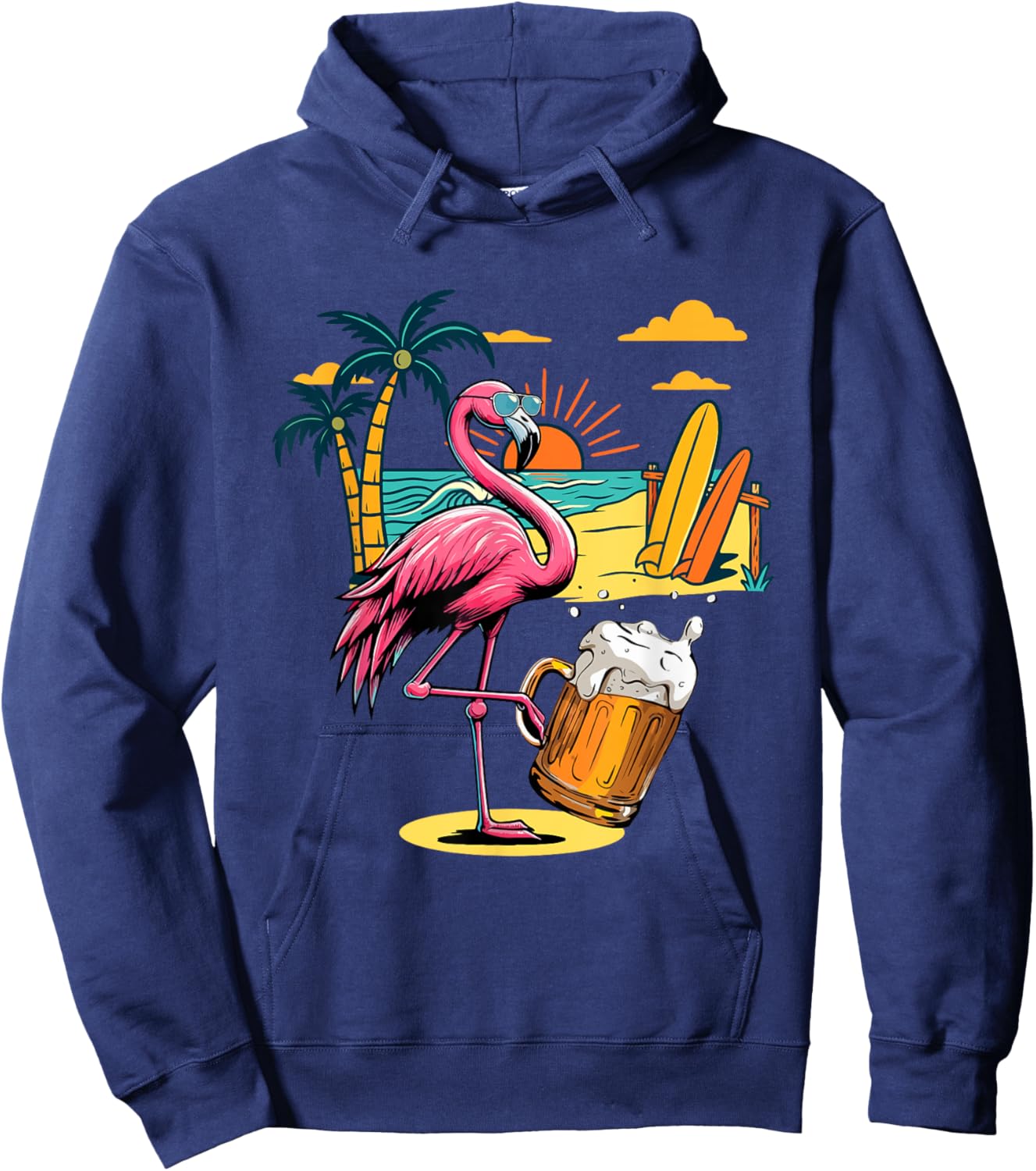 Flamingo Sunglasses Drinking Beer On Beach Funny Summer Hoodie - Hoodie | Navy