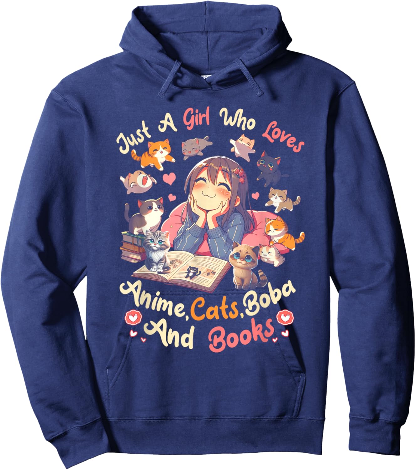Just Girl Who Loves Anime Cats Boba And Books Bubble Tea Hoodie - Hoodie | Navy