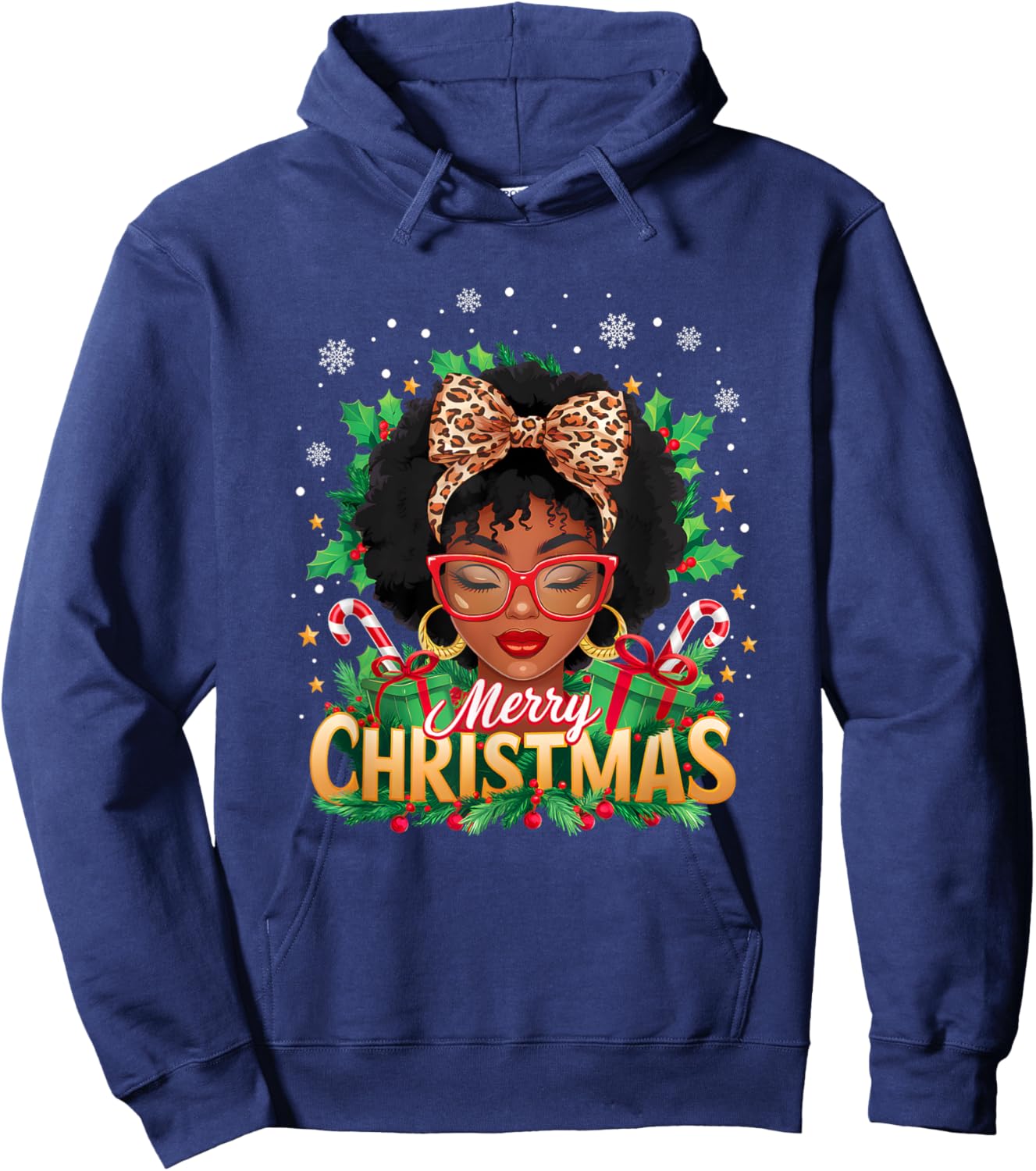 Merry Christmas African American Black Women Afro Messy Bun Hoodie - Hoodie | Navy