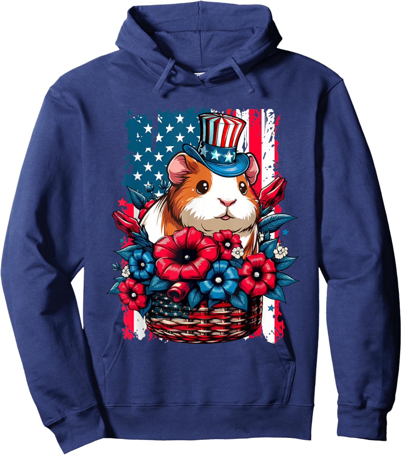 Guinea Pig Inside Flowers Basket 4th July US Flag Patriotic Hoodie - Hoodie | Navy