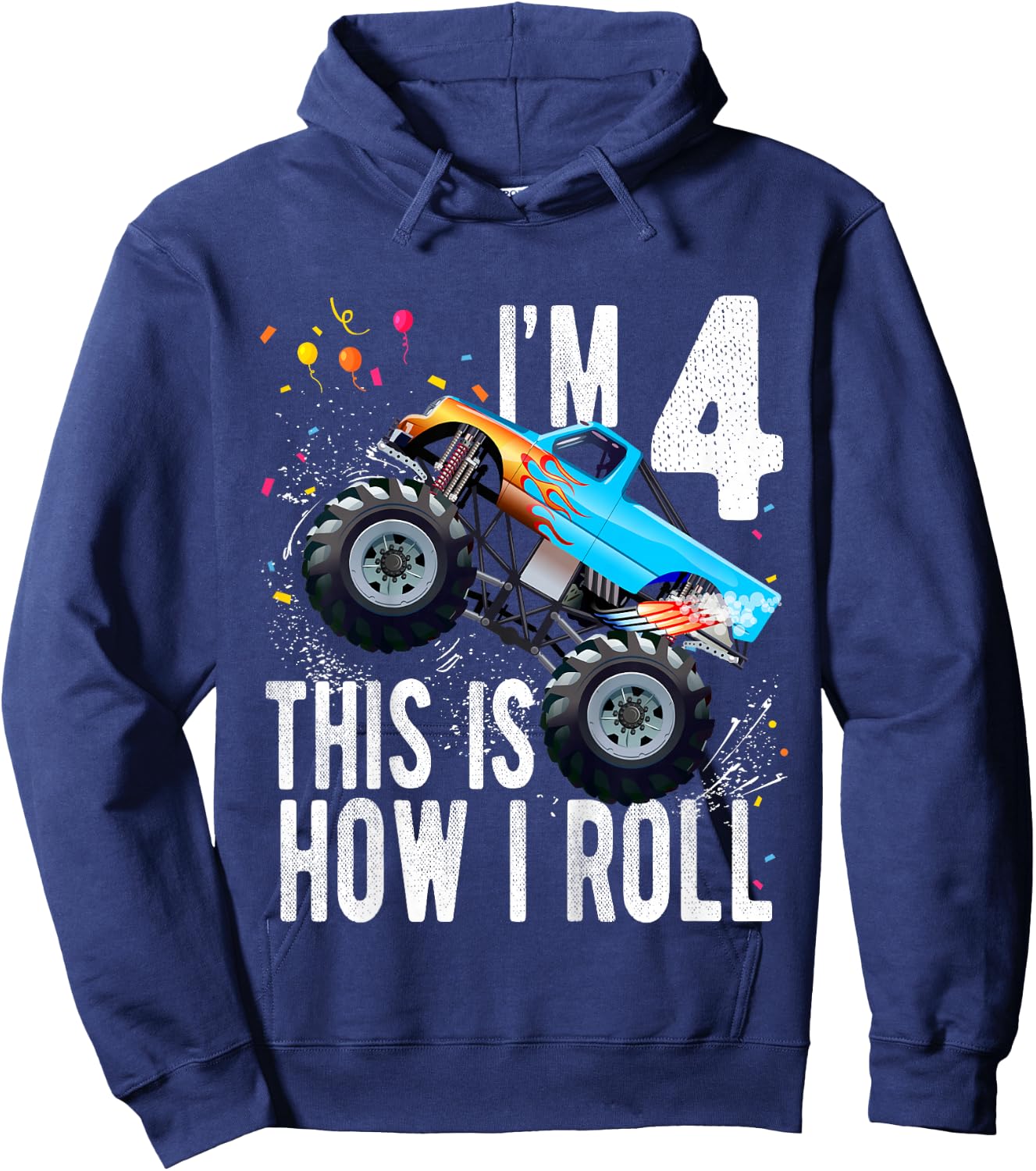 Kids 4 Year Old 4th Birthday Boy Monster Truck Car Hoodie - Hoodie | Navy