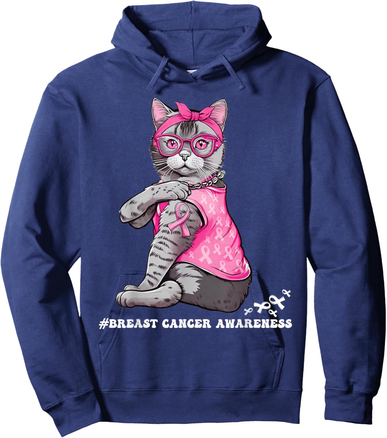 Funny Cat Pink Ribbon In October We Wear Pink Breast Cancer Hoodie - Hoodie | Navy