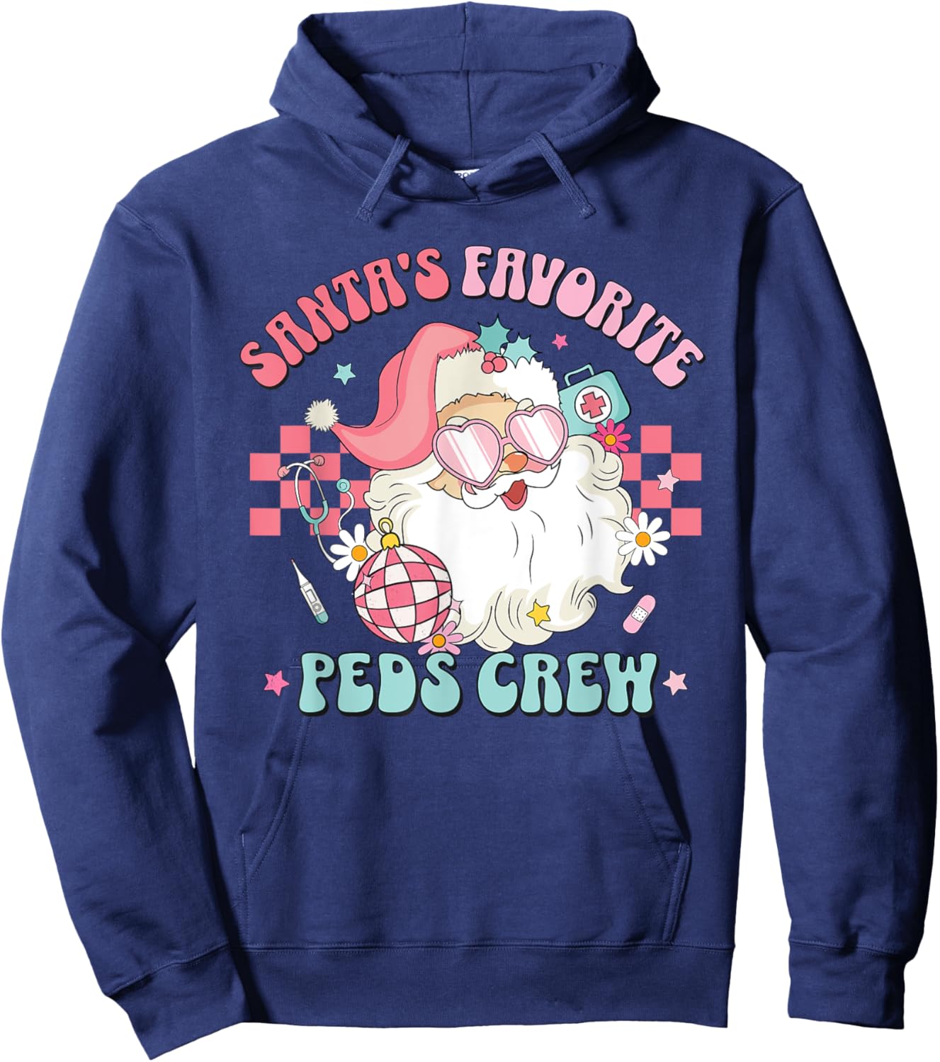 Retro Pink Christmas Santa's Favorite PEDS Nurse Pediatrics Hoodie - Hoodie | Navy