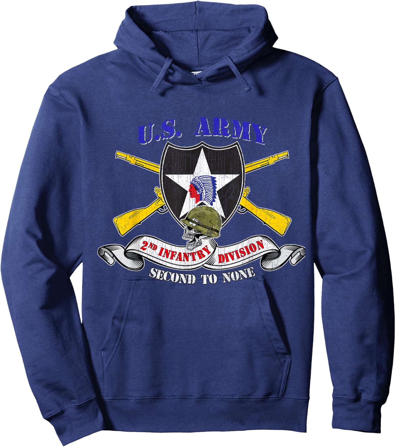 2nd Infantry Division Veteran 2ID - Adults - Black - Small - Short Sleeve - Modern Classic Fit U-Neck - Military Veteran Hoodie - Hoodie | Navy
