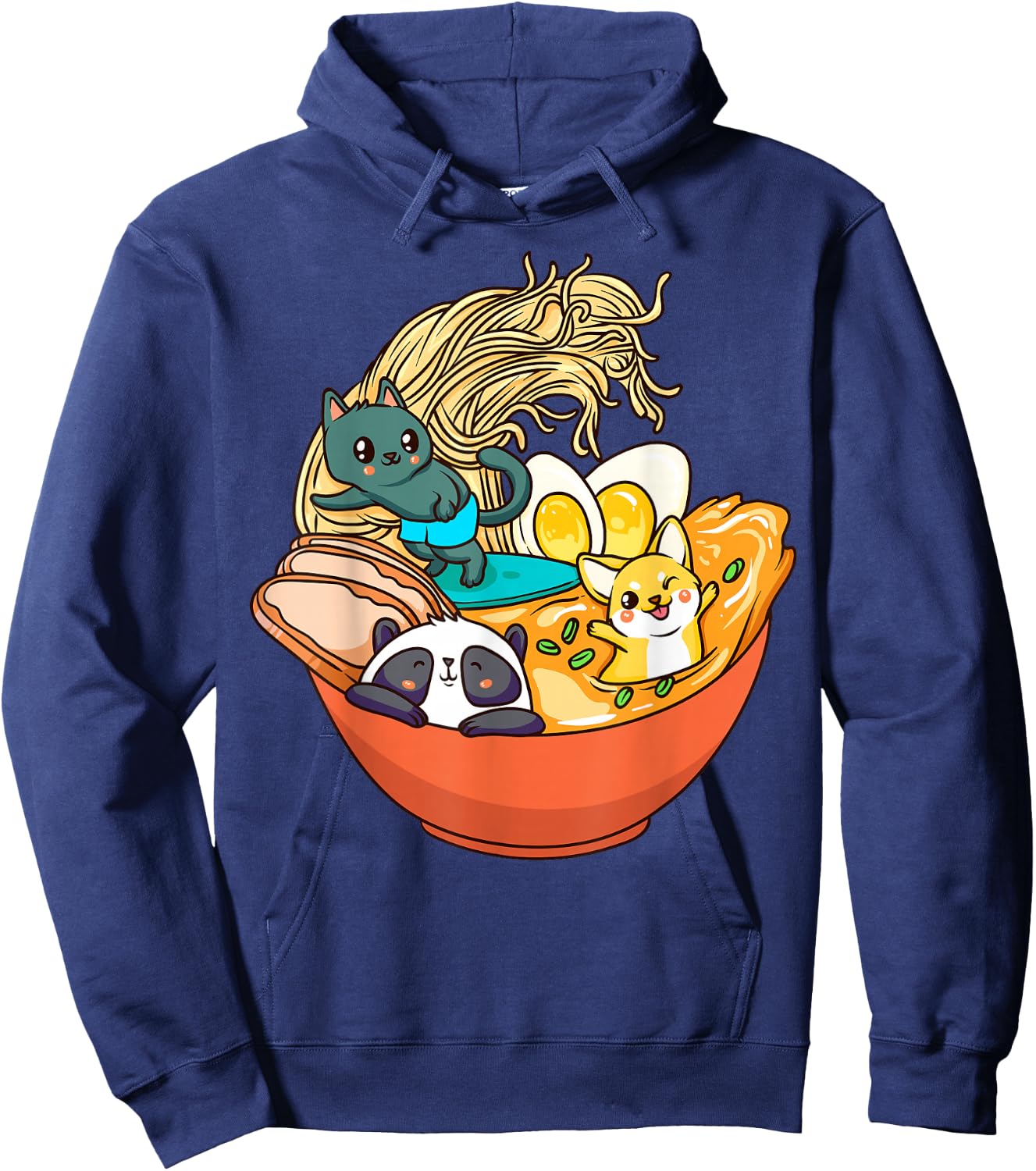 Cute Kawaii Cat Ramen Bowl Japanese Anime Panda Dog Noodle Hoodie - Hoodie | Navy