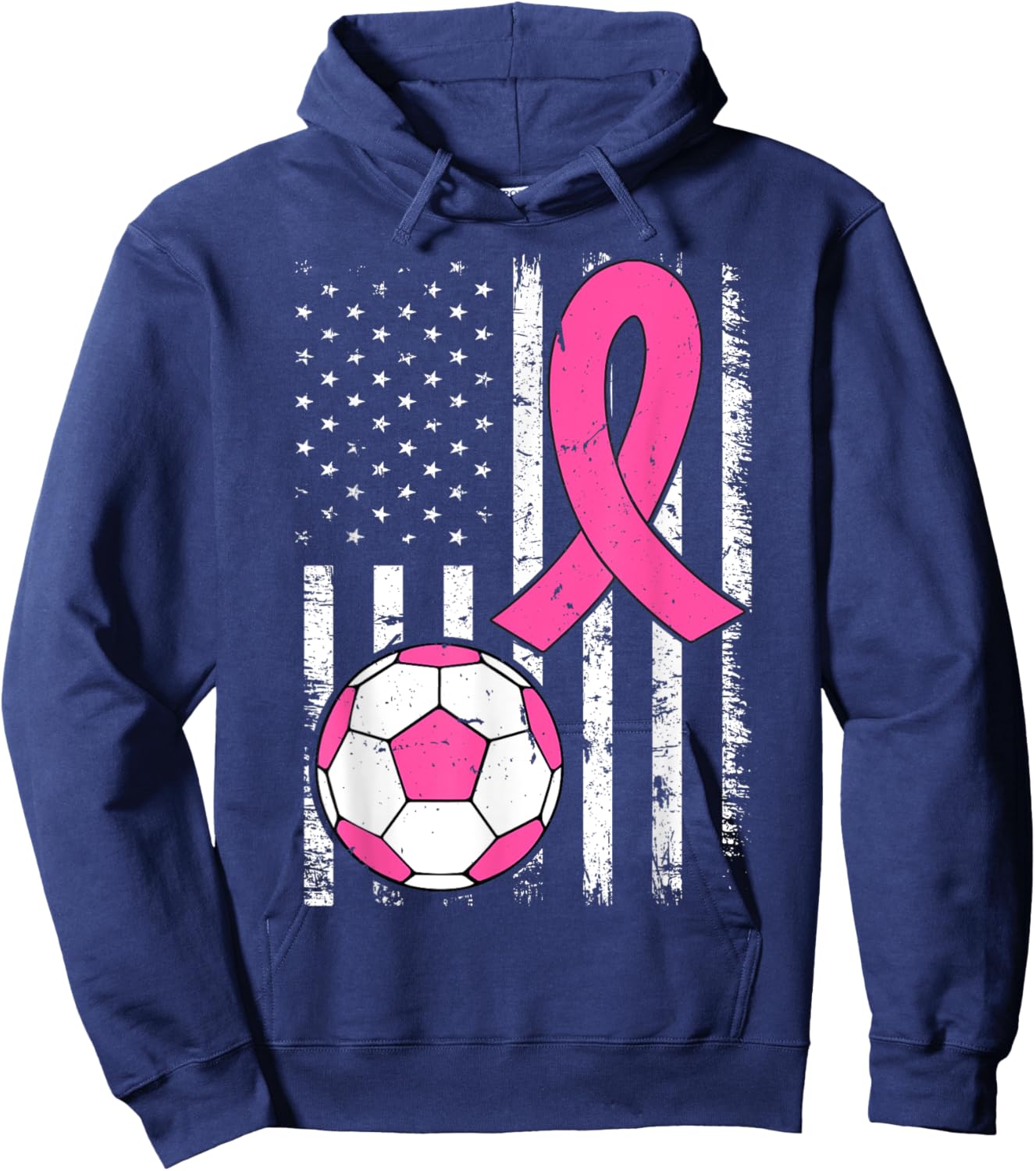 Soccer Ball Ribbon US Flag Breast Cancer Awareness Pink Hoodie - Hoodie | Navy