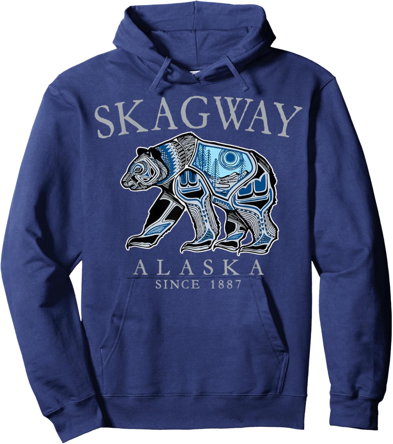 Skagway Alaska Tribal Art Bear Since 1887 Grey Letters Hoodie - Hoodie | Navy