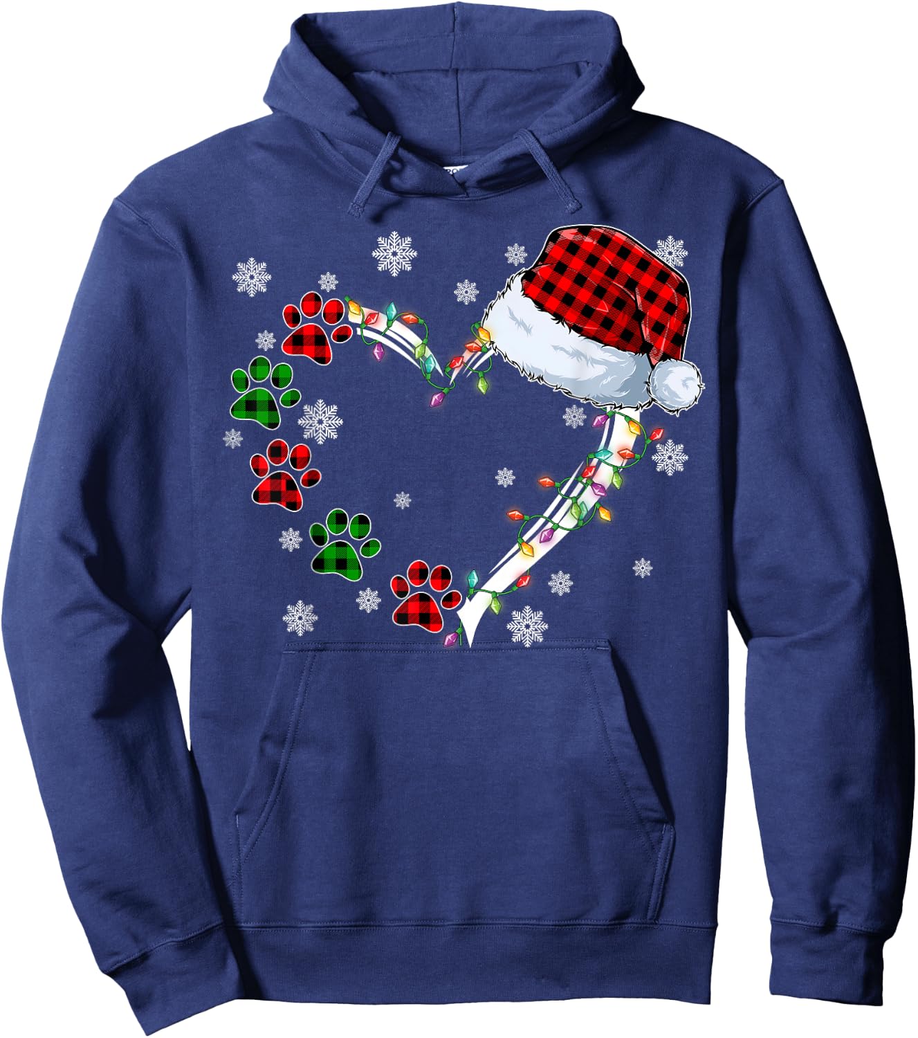 Funny Dog Cat Paws Print Heart Santa Hat Christmas Pajamas Hoodie - Hoodie | Navy