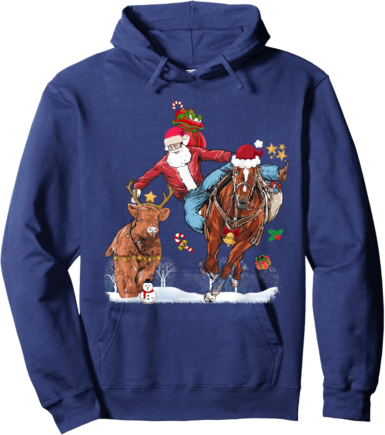 Cowboy Santa Bulldogging Western Cowboy Xmas Funny Christmas Hoodie - Hoodie | Navy