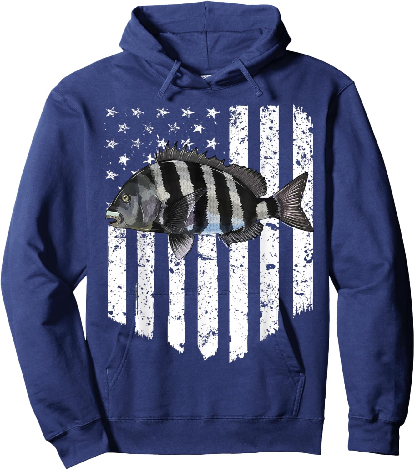 Black White American Flag Sheepshead 4th Of July Fish Hoodie - Hoodie | Navy