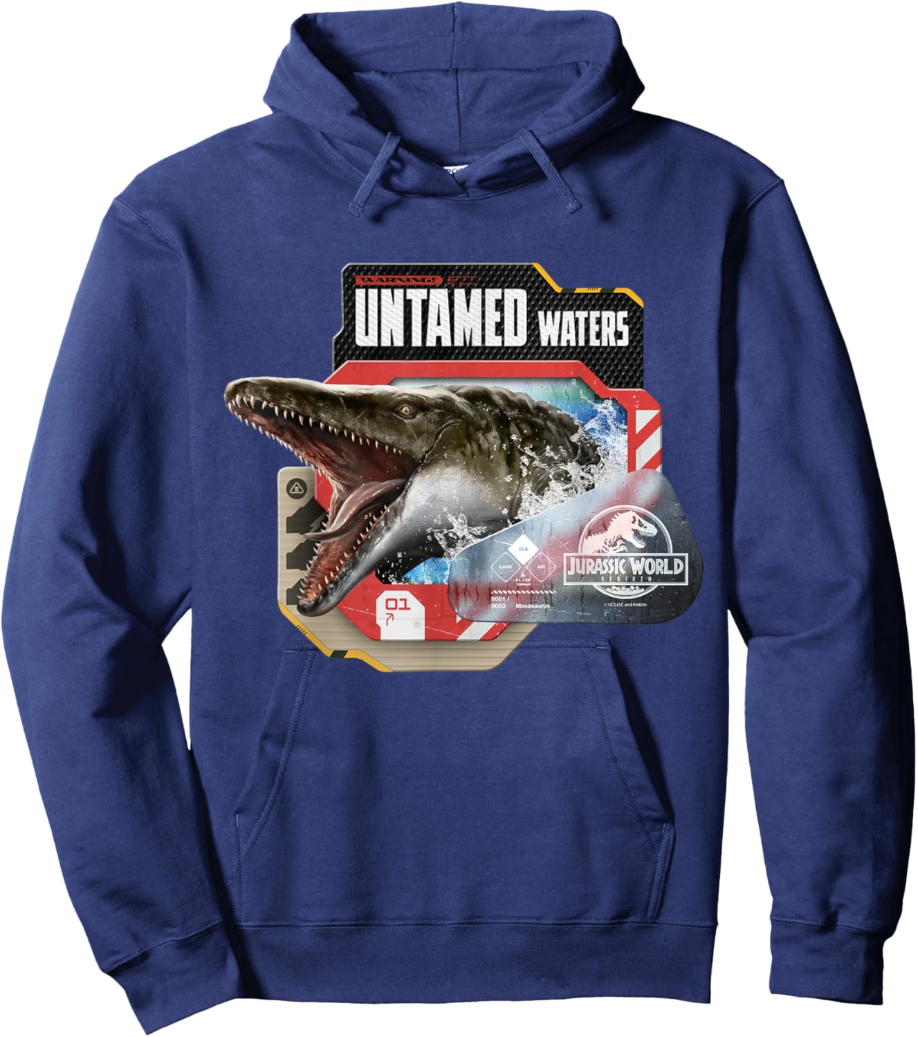 Jurassic World Rebirth Warning Untamed Waters Mosasaurus Hoodie - Hoodie | Navy