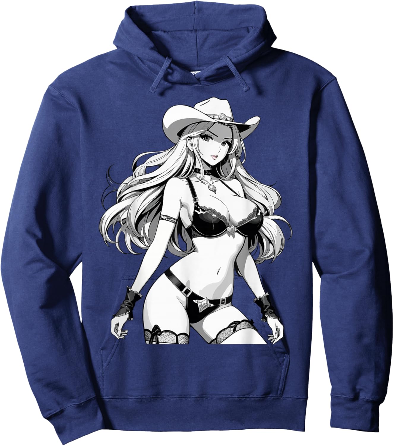 Sexy Waifu Anime Cowgirl Japanese in Black and White Art Hoodie - Hoodie | Navy