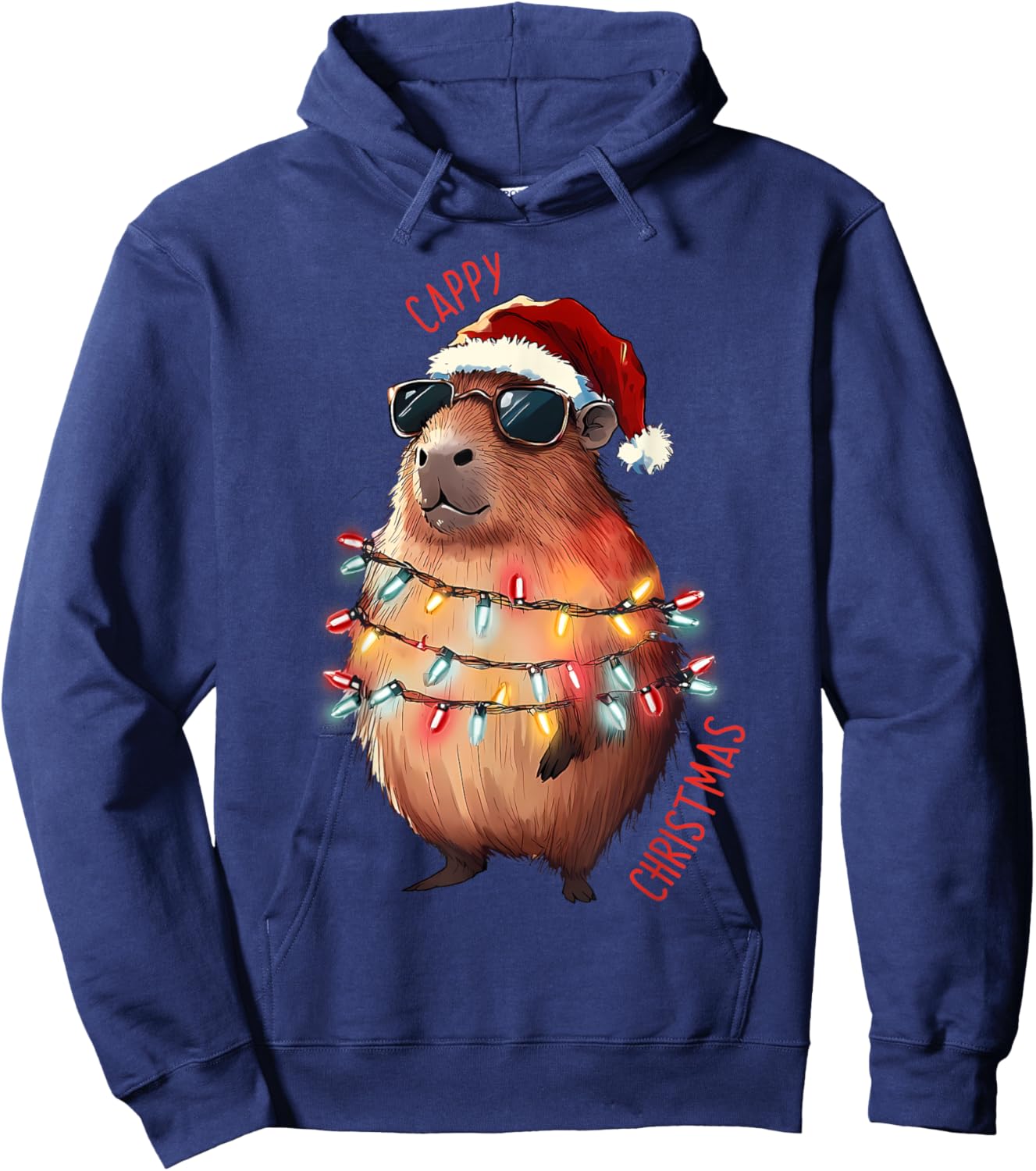 Cute Capybara Christmas Lights With sunglass Animal Lover Hoodie - Hoodie | Navy
