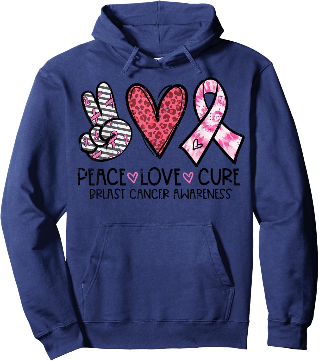 Breast Cancer Peace Love Cure Awareness Ribbon Women Men Kid Hoodie - Hoodie | Navy