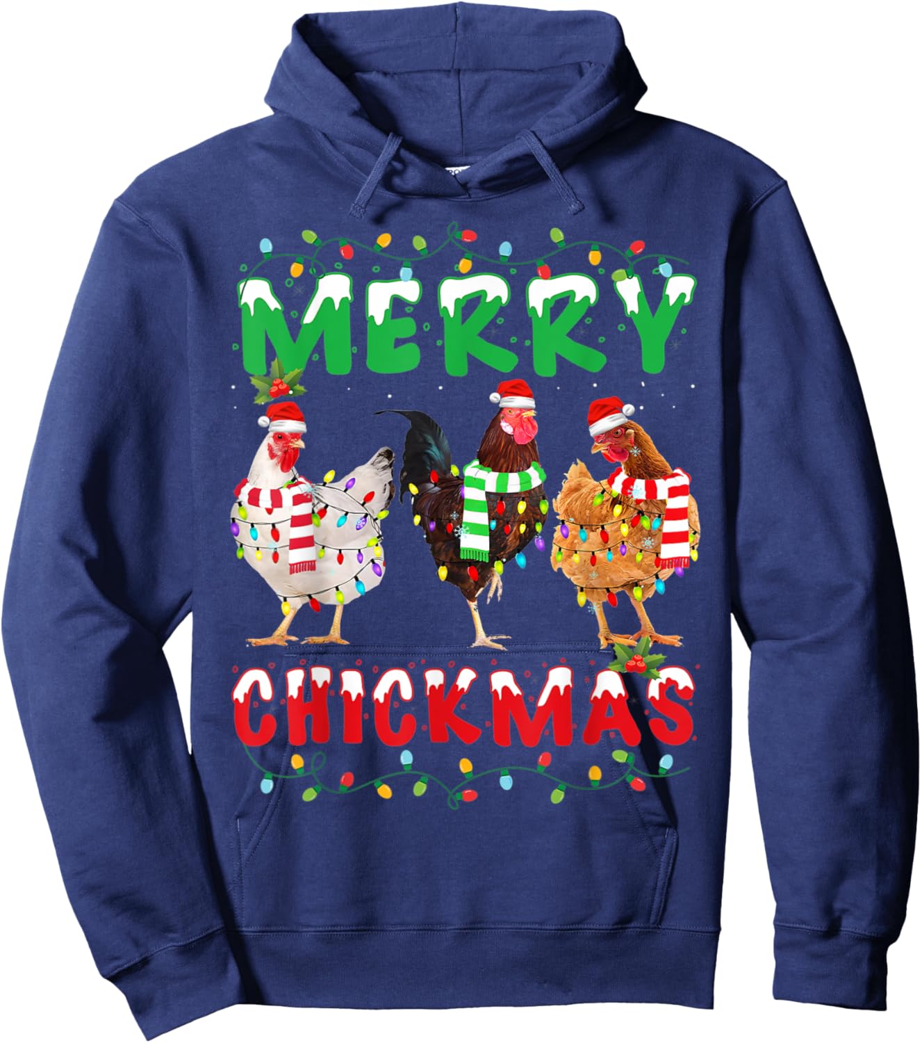 Merry Christmas Chicken Shirt Santa Hat Lights Funny Gift Hoodie - Hoodie | Navy