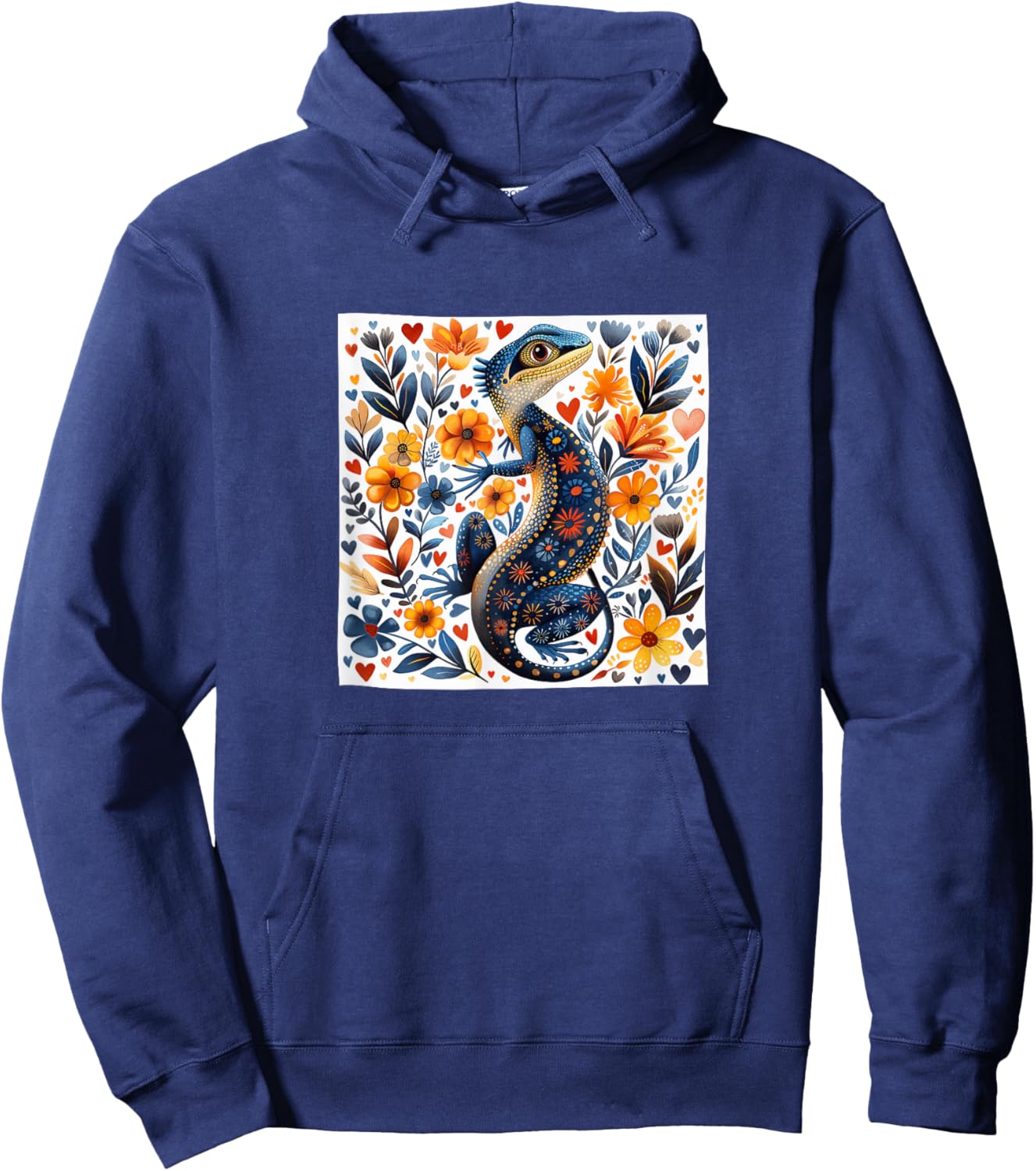 Lizard Flowers With Hearts Around Boho Style Graphic Hoodie - Hoodie | Navy