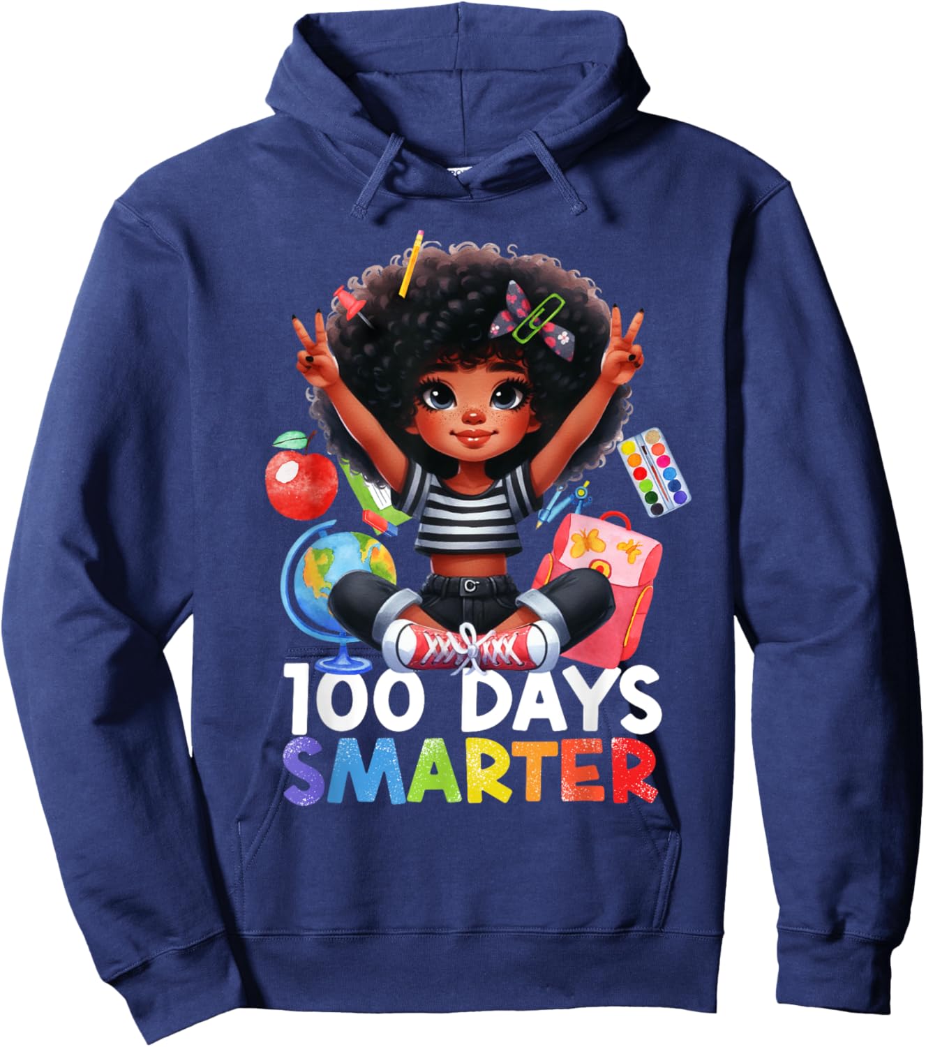 100th Day of School Afro Girls Messy Bun Hair Funny Girls Hoodie - Hoodie | Navy