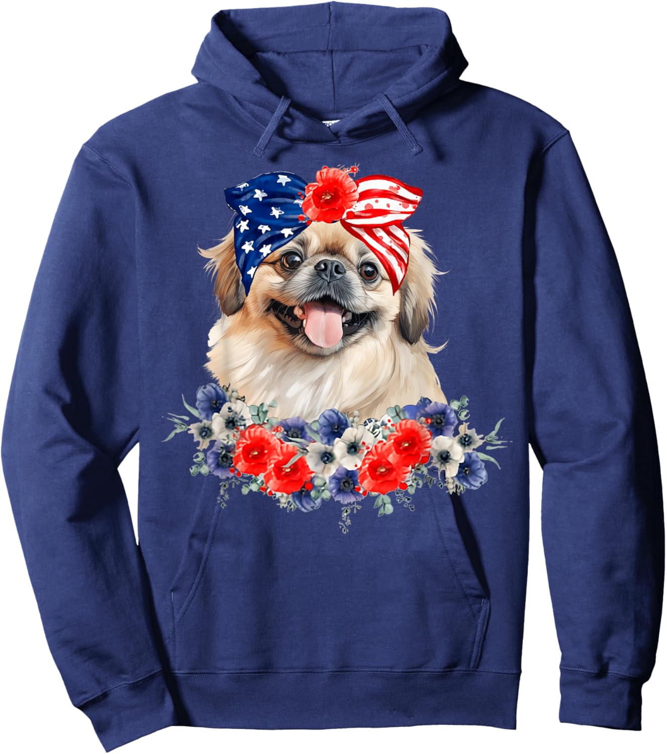 Pekingese Dog Bandana American Flag 4th Of July Women Kids Men Hoodie - Hoodie | Navy