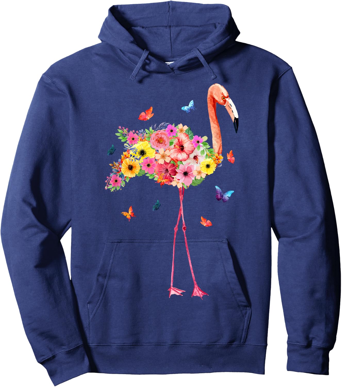 Pink Flamingo Watercolor Tropical Hawaiian Flowers Floral Hoodie - Hoodie | Navy