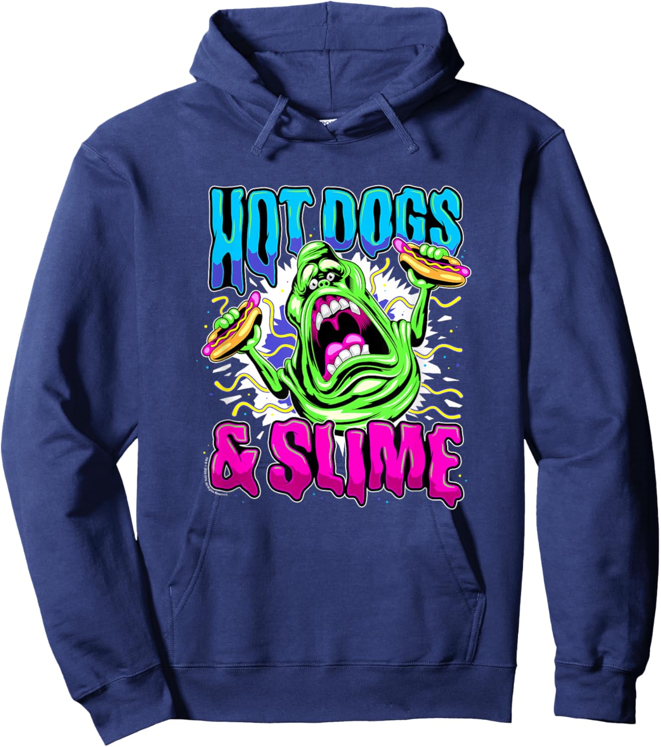 Ghostbusters Vintage Slimer Retro Hot Dogs & Slime Logo Hoodie - Hoodie | Navy