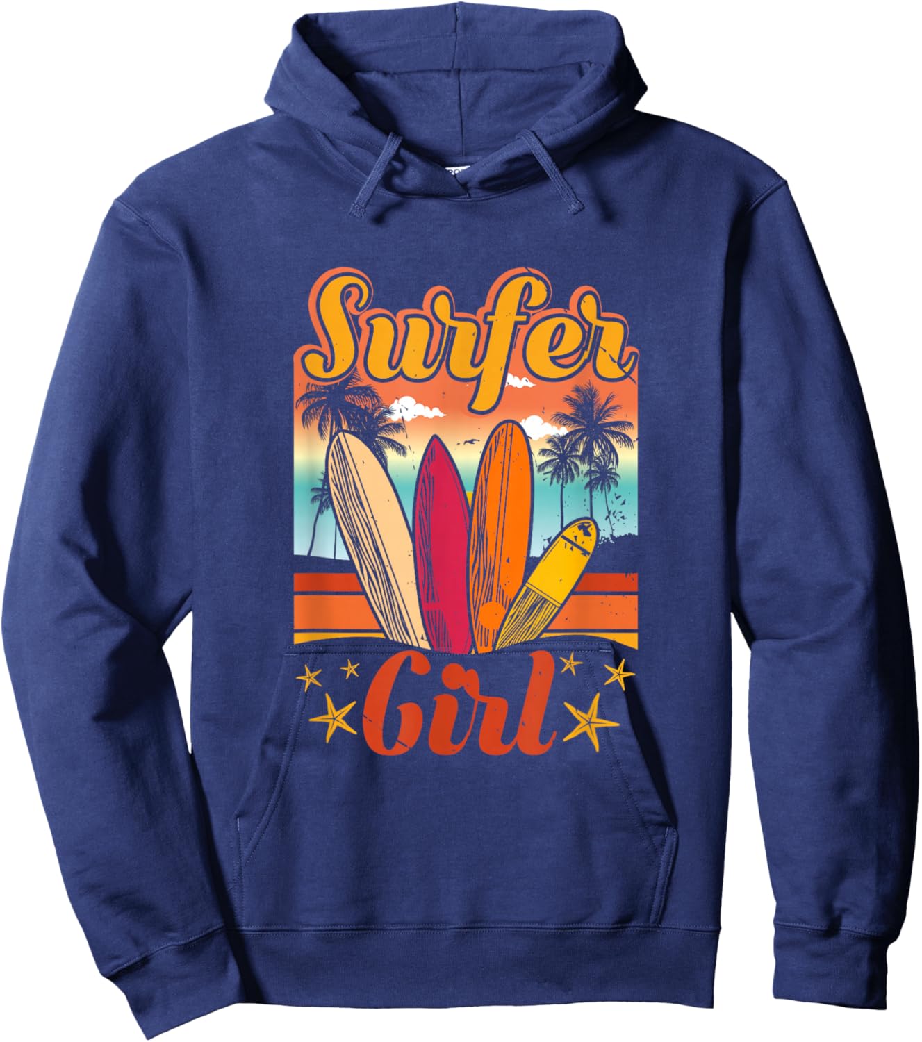 Surfer Girl Beach Retro 70s Vintage Surfing Vacation Summer Hoodie - Hoodie | Navy
