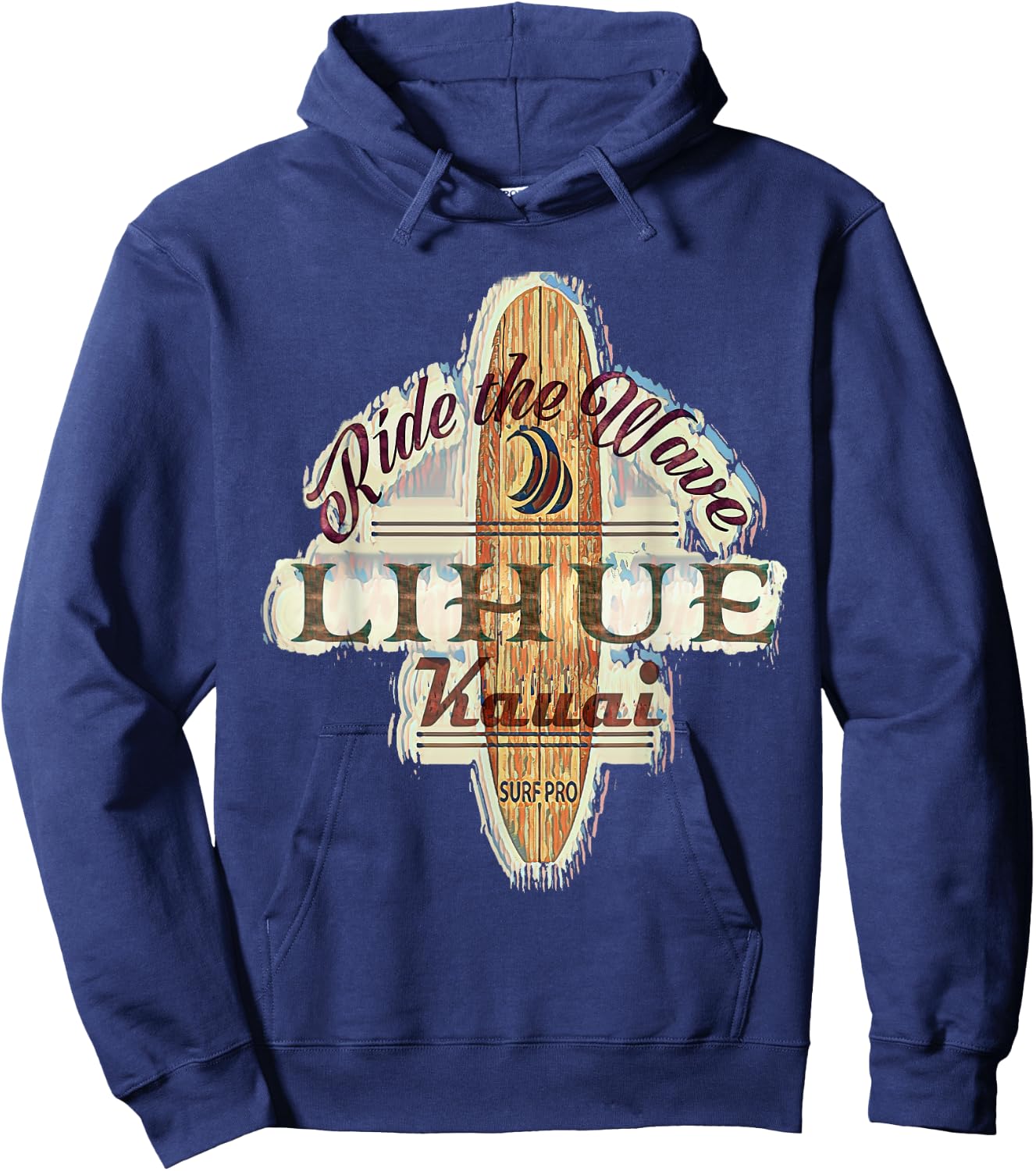 Surfing, Surfboard, Distressed Longboard Lihue Kauai Hoodie - Hoodie | Navy