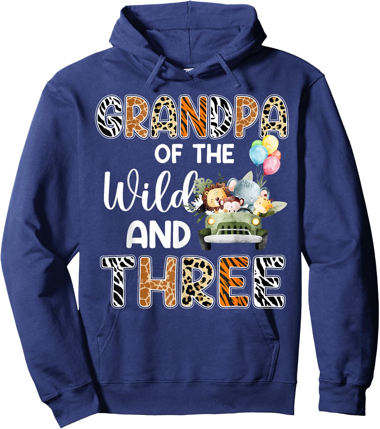 Grandpa Of The Wild and Three 3 Birthday Zoo Safari Jungle Hoodie - Hoodie | Navy
