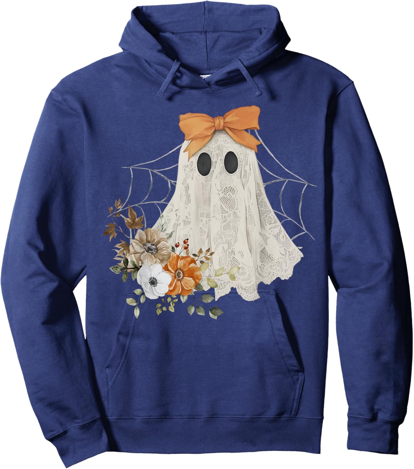 Coquette Ghost Halloween Flower Ghost Spooky Lace Ghost Hoodie - Hoodie | Navy