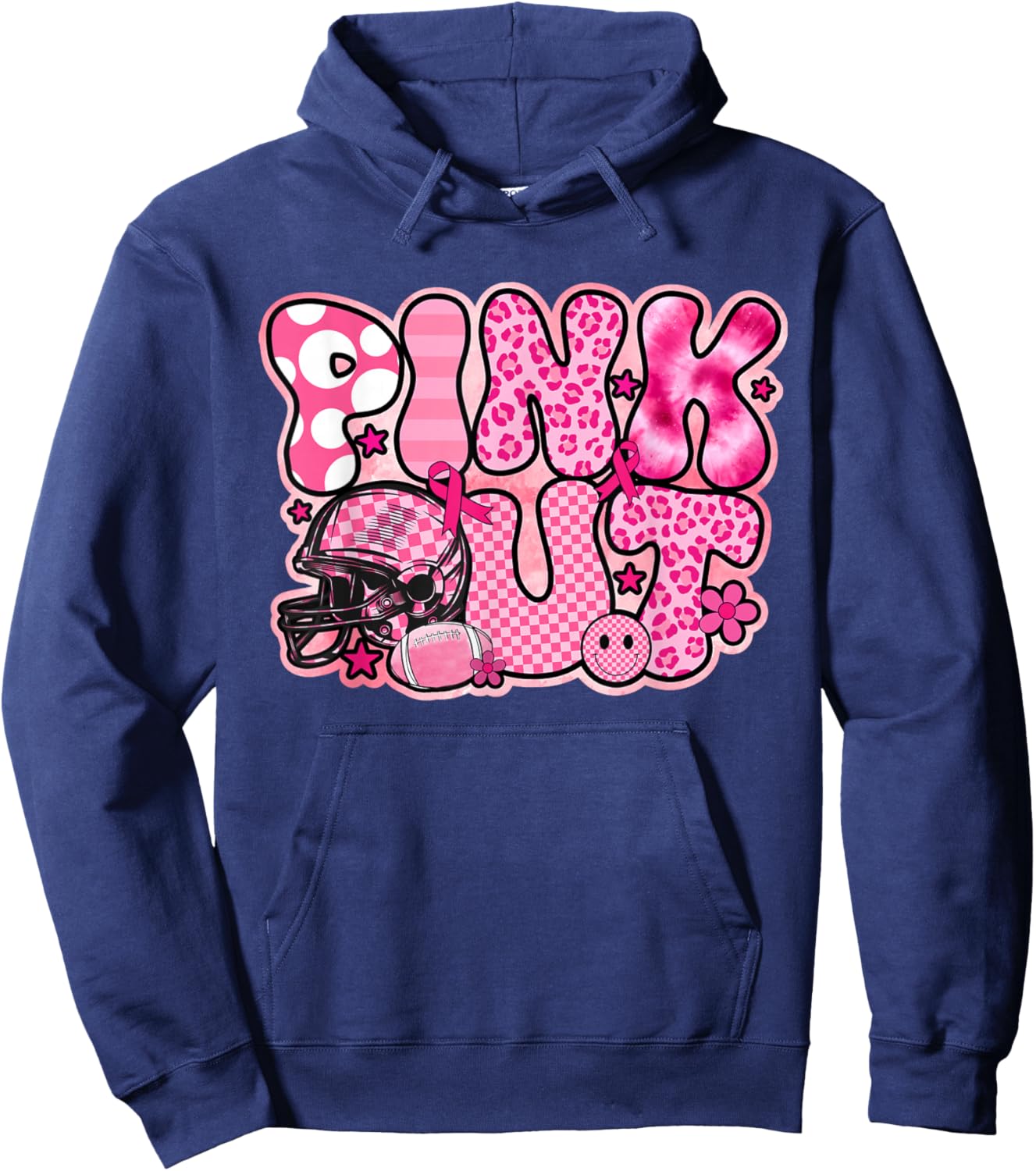 Retro Groovy Pink Out Football Breast Cancer Awareness Hoodie - Hoodie | Navy
