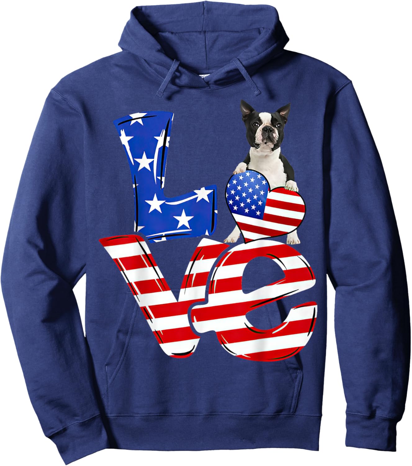4th of July Patriotic LOVE Boston Terrier American Flag Hoodie - Hoodie | Navy