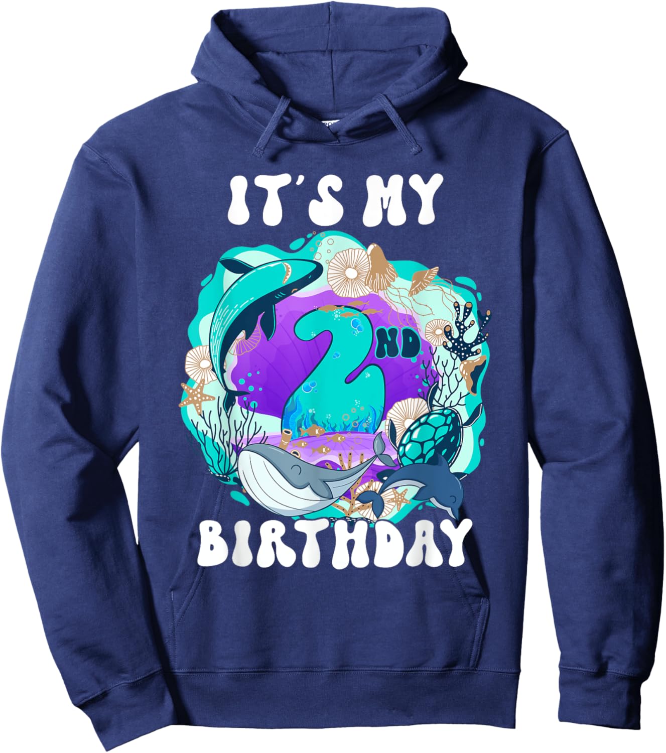 My 2 Year Old Ocean Life Whale Dolphin Shark 2nd Birthday Hoodie - Hoodie | Navy