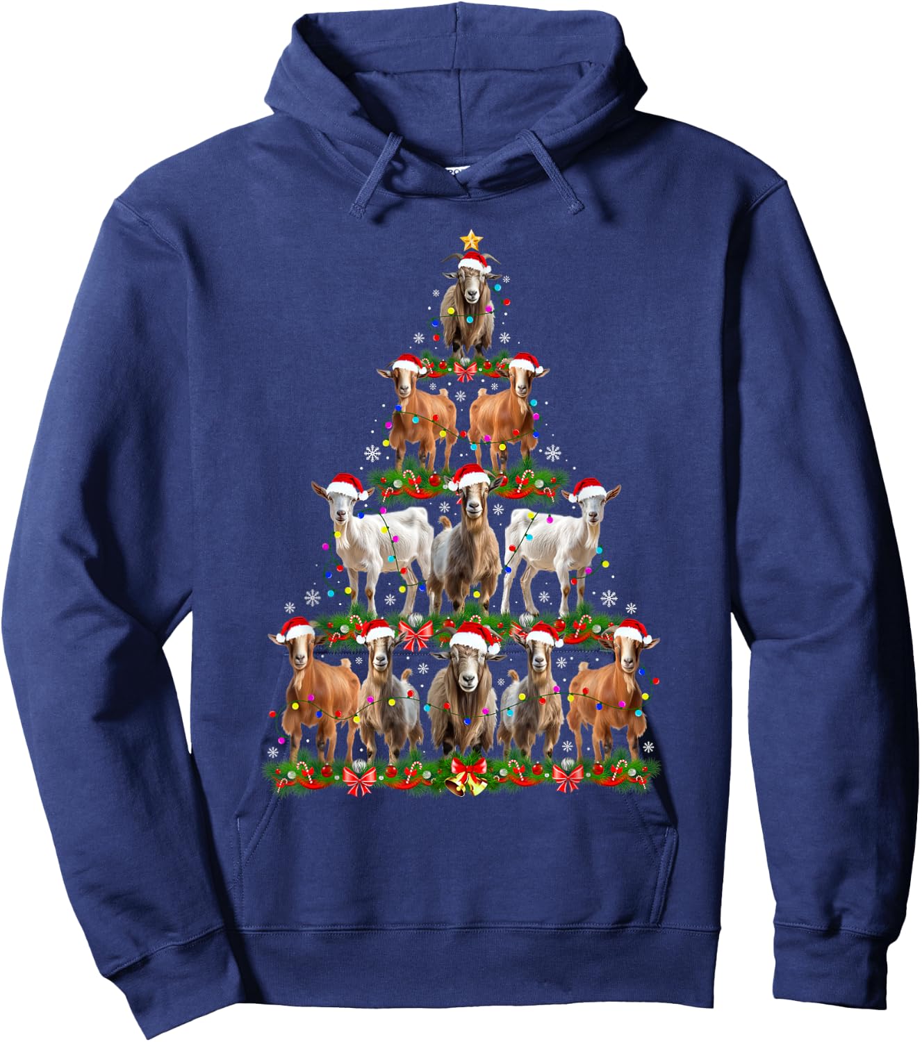 Goat Christmas Tree Lights Funny Xmas Family Men Women Hoodie - Hoodie | Navy