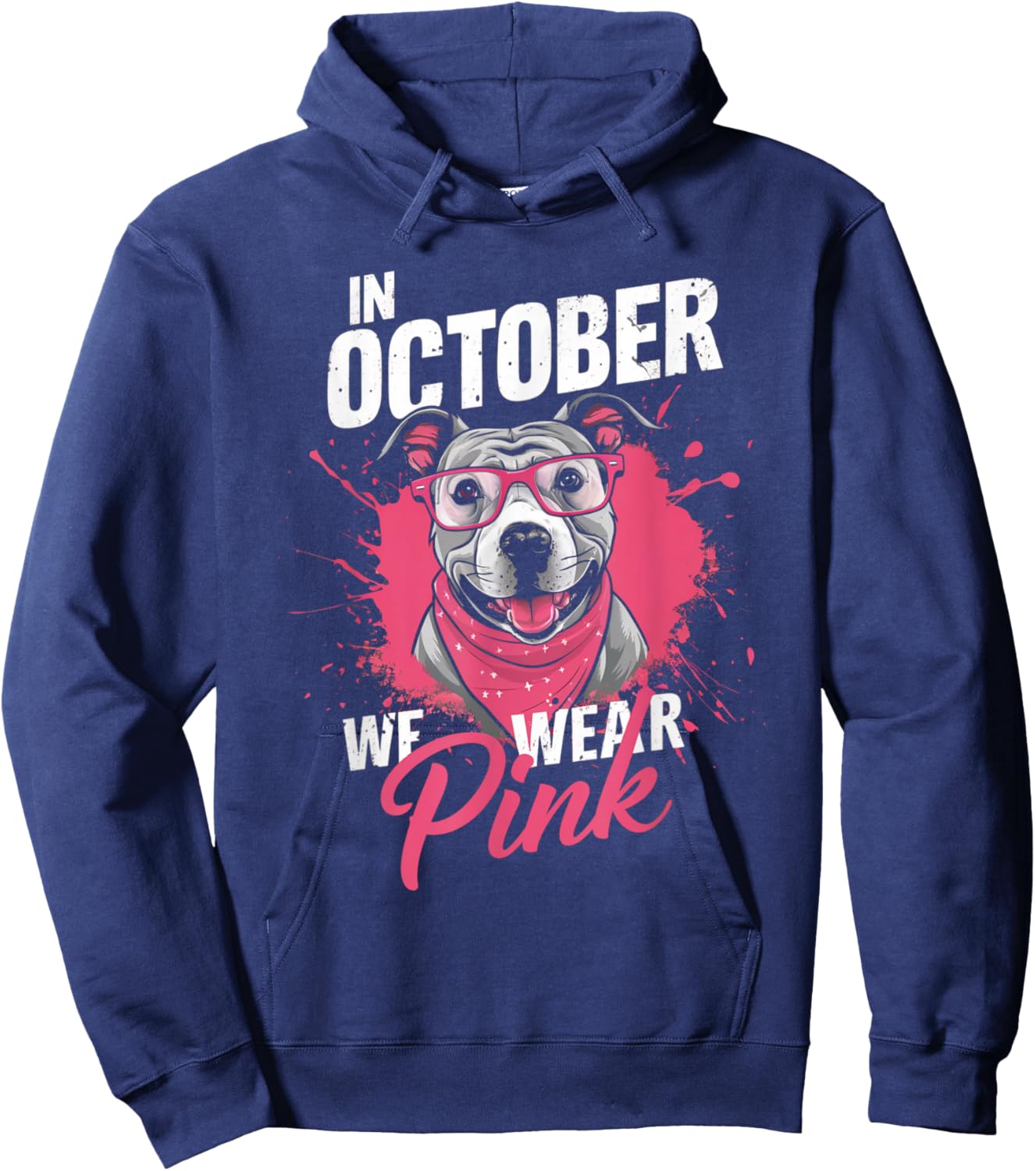 In October We Wear Pink Breast Cancer Awareness Pitbull Dog Hoodie - Hoodie | Navy