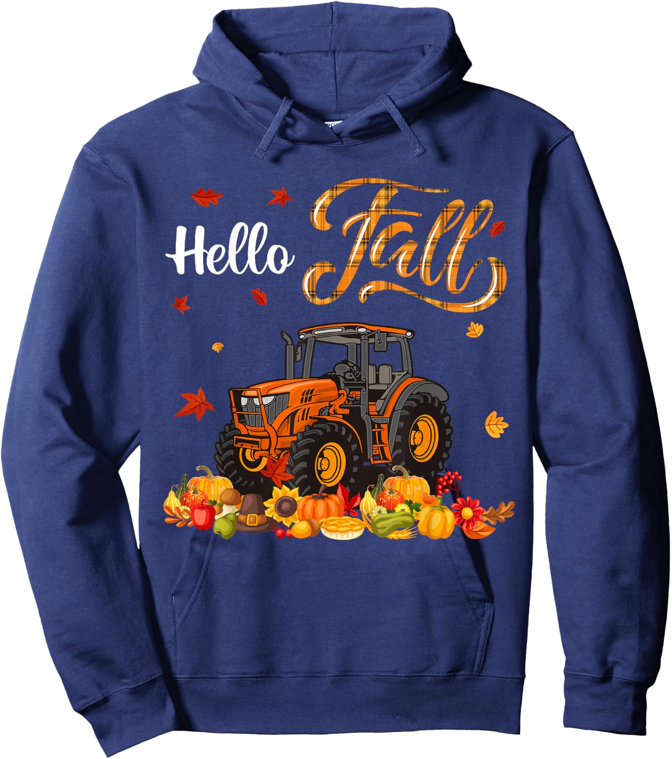 Thanksgiving Fall Orange Plaid Autumn Pumpkins Tractor Lover Hoodie - Hoodie | Navy