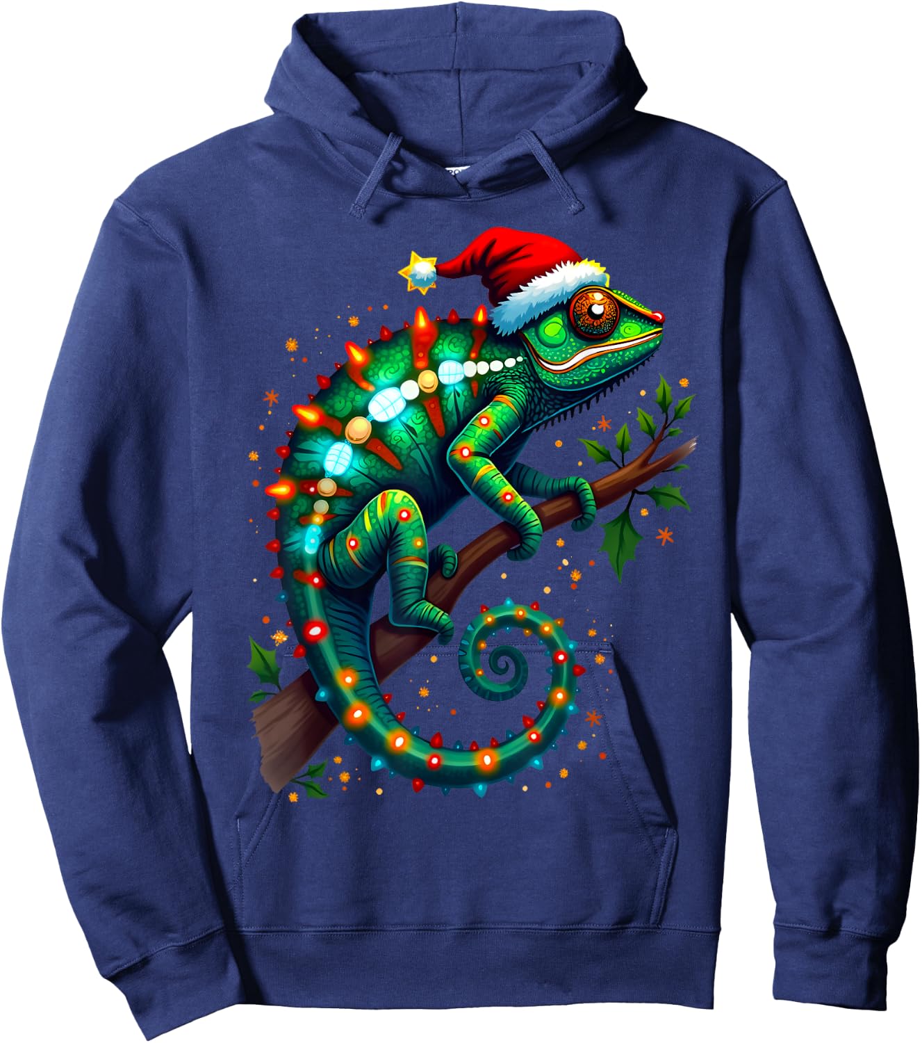 Chameleon Santa Hat Lights Christmas Cute Xmas Pajama Hoodie - Hoodie | Navy