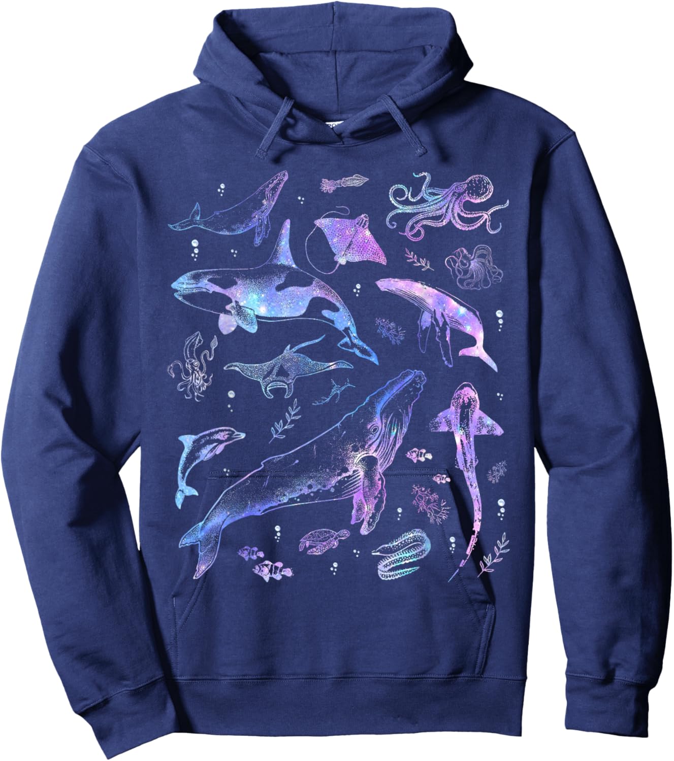 Vintage 90s Ocean Wildlife Shark Turtle Octopus Hoodie - Hoodie | Navy