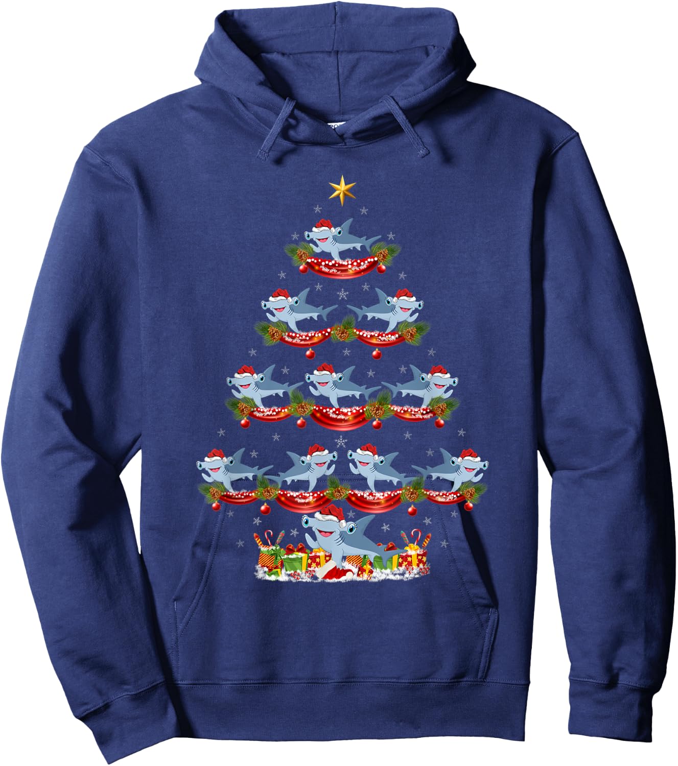 Xmas Holiday Santa Hammerhead Shark Christmas Tree Hoodie - Hoodie | Navy