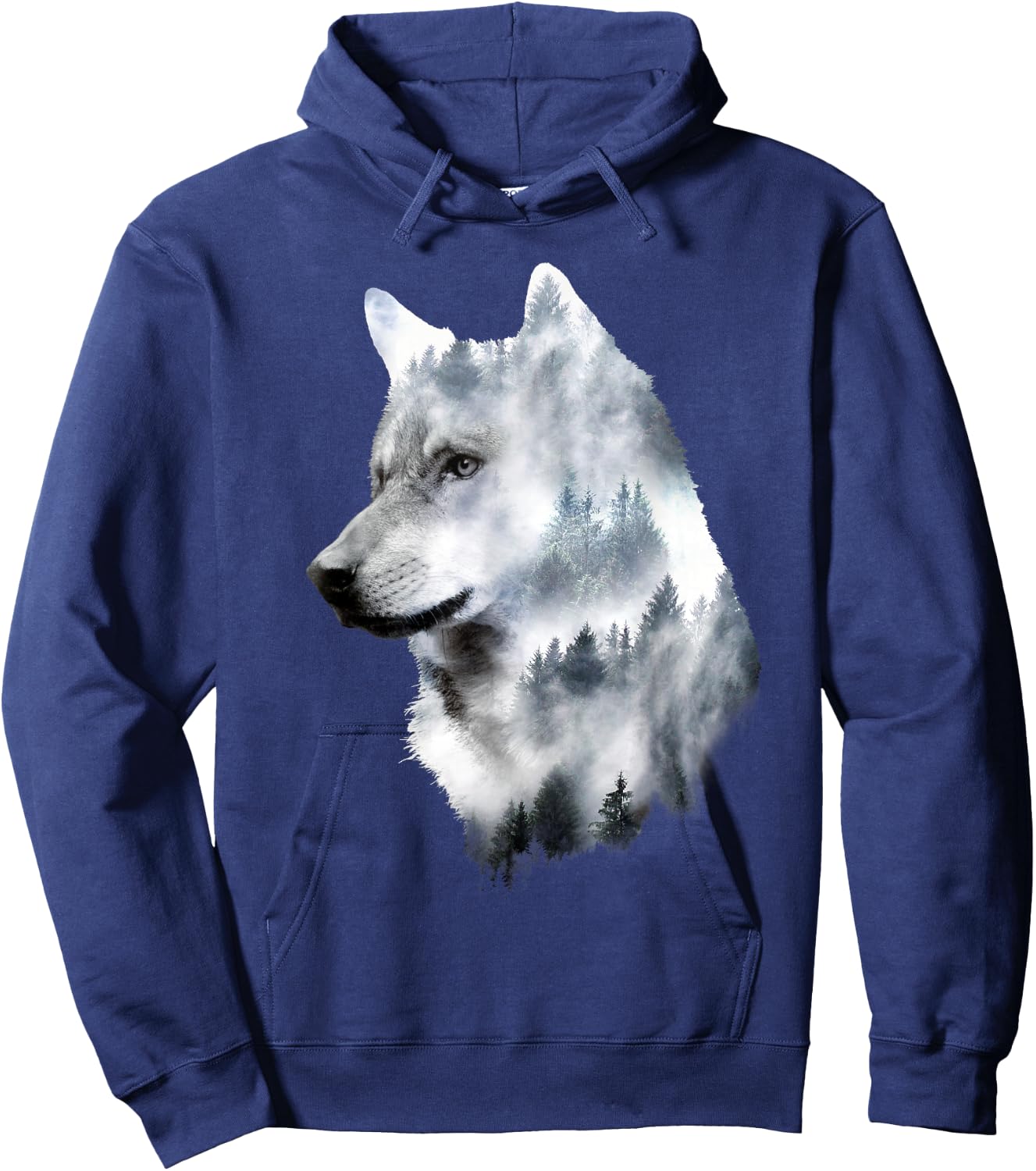 Dramabite Double Exposure Wolf - Men's Black Small Classic Fit Short Sleeve Animal-Wolf Graphic Hoodie - Hoodie | Navy