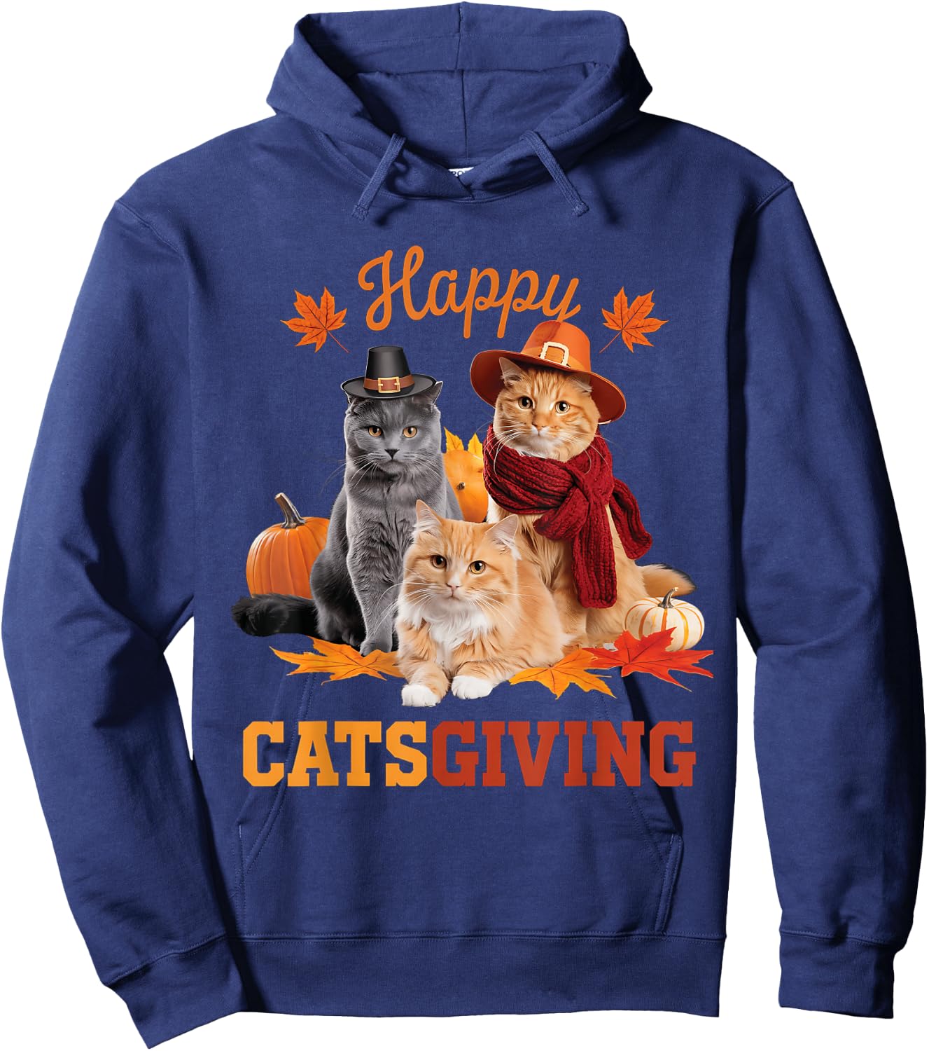 Happy Catsgiving Cute Thanksgiving Cat Wears Pilgrim Hat Women Girls Kids Hoodie - Hoodie | Navy