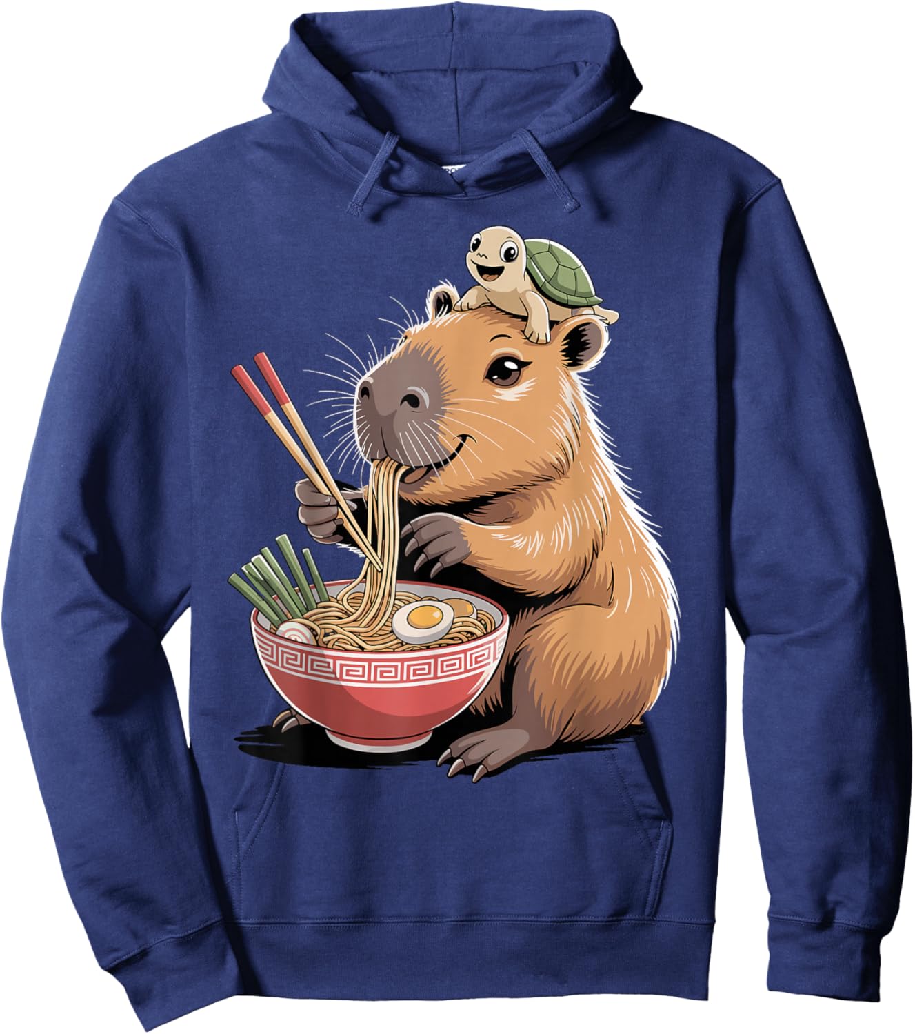 Adorable Capybara Eating Ramen for Kids and Turtles Kawaii Hoodie - Hoodie | Navy