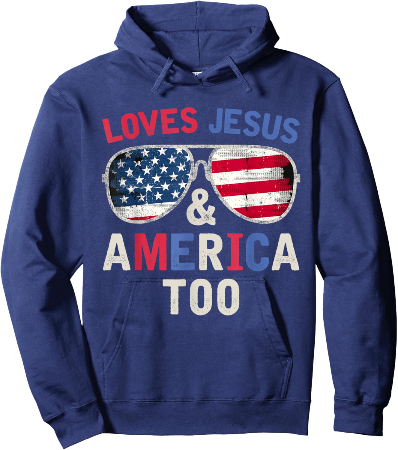 Loves Jesus and America Too Retro God Christian 4th of July Hoodie - Hoodie | Navy