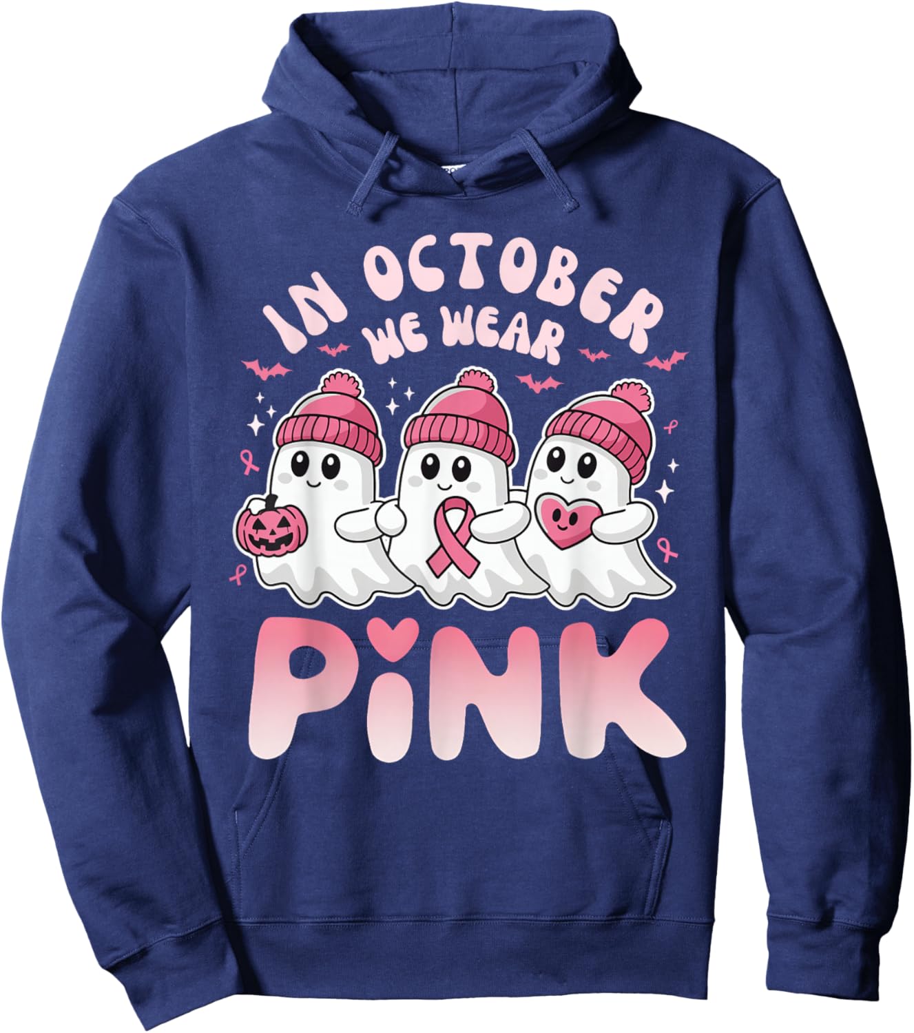 In October We Wear Pink Spooky Ghost Breast Cancer Awareness Hoodie - Hoodie | Navy