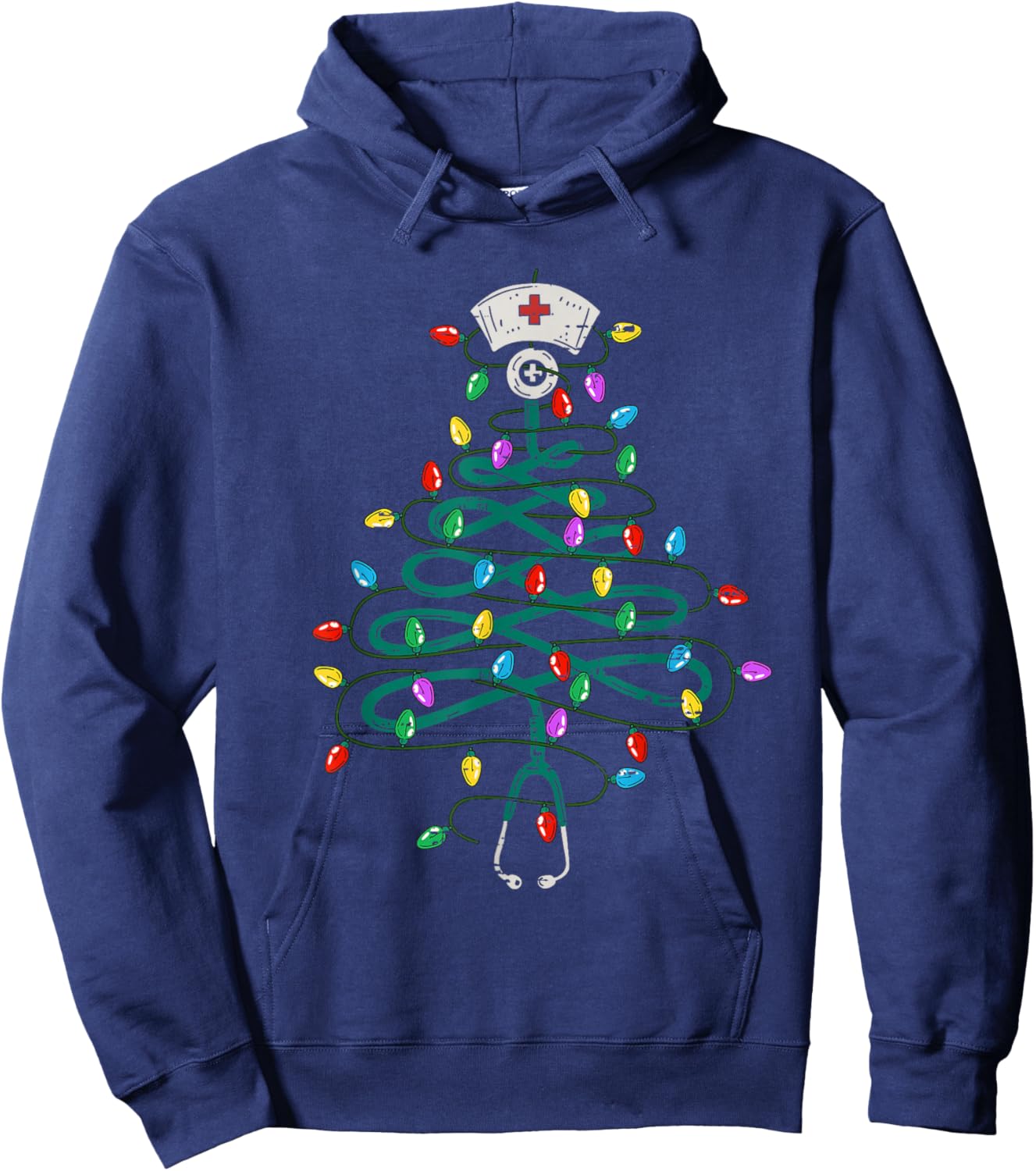 Stethoscope Christmas Tree Lights Nurse Christmas Scrub Top Hoodie - Hoodie | Navy