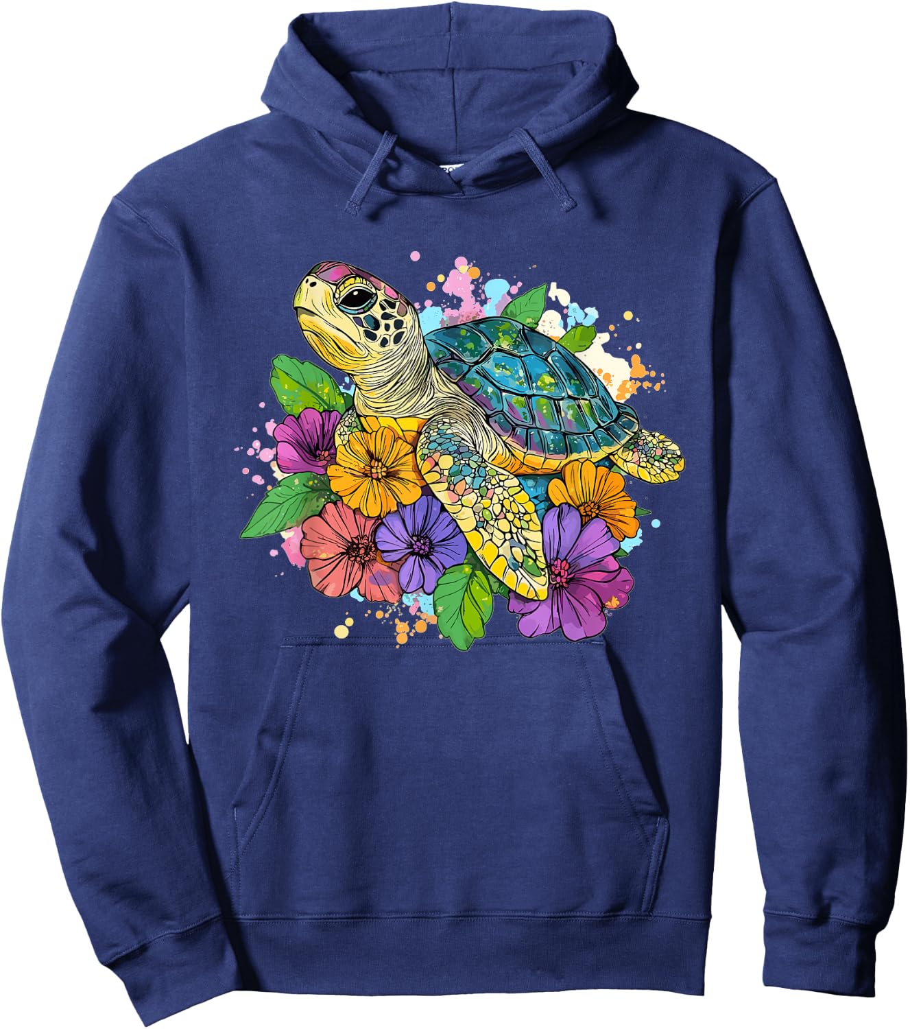 Vibrant Turtle with Flowers Splash Hoodie - Hoodie | Navy