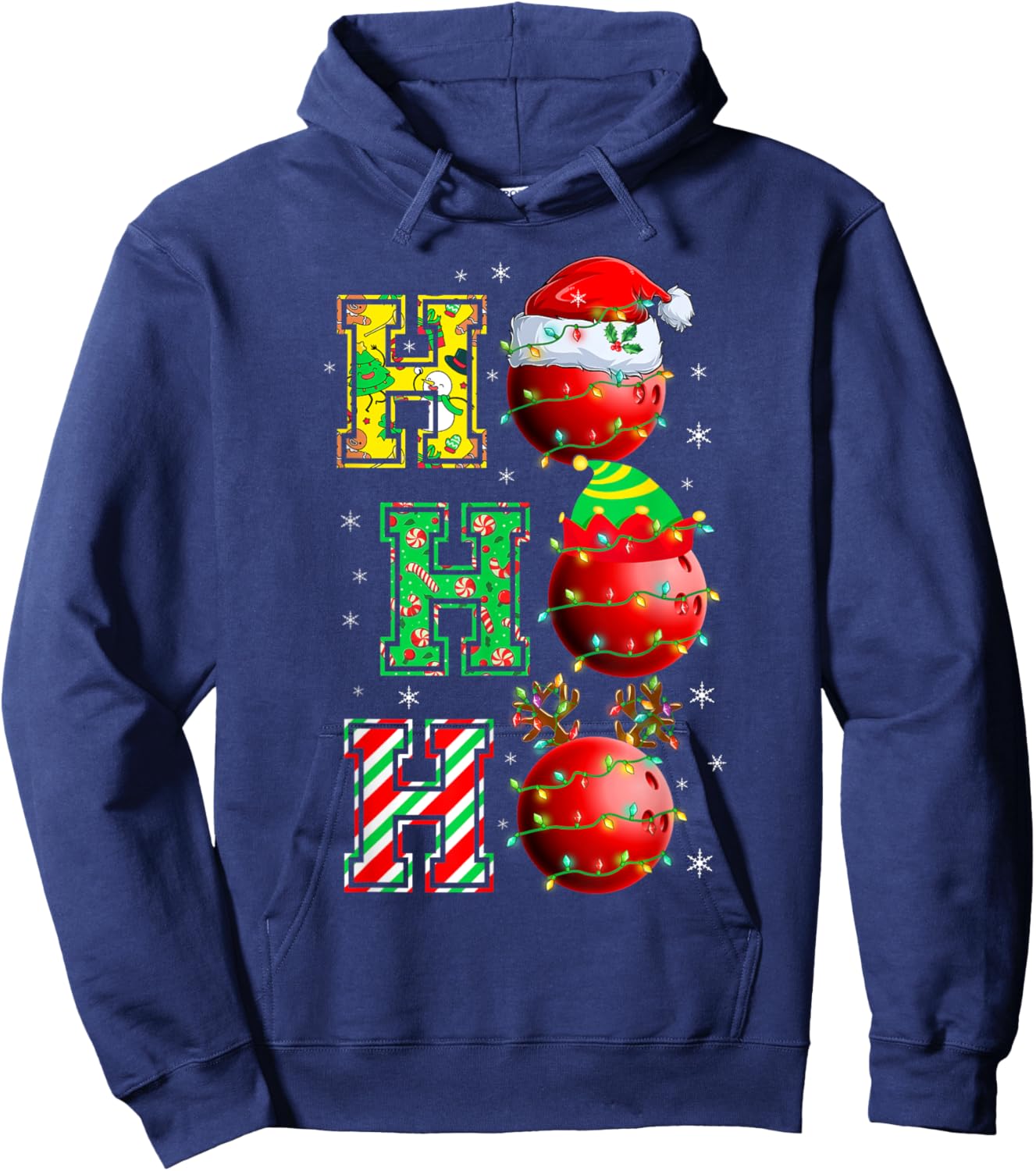 HOHOHO Santa Elf Reindeer Bowling Balls & Christmas Lights Hoodie - Hoodie | Navy