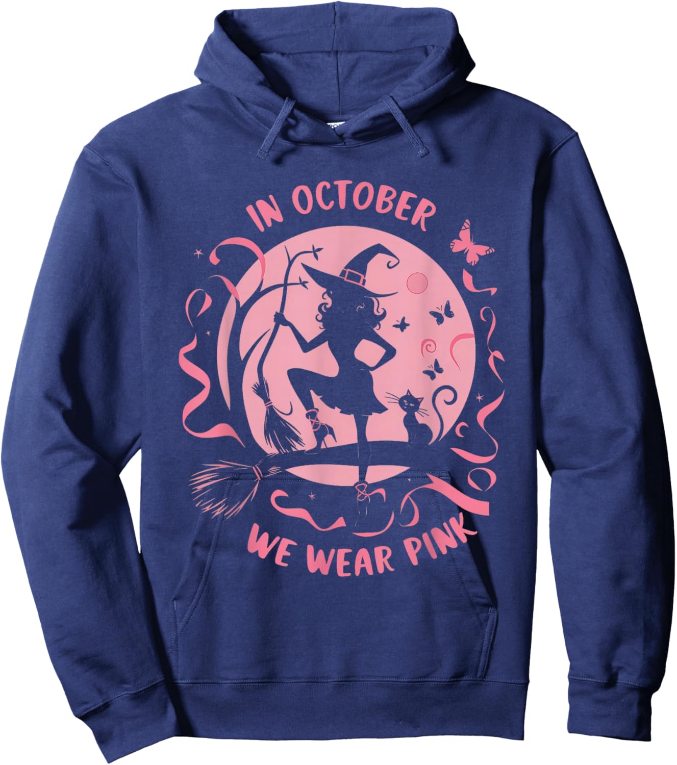 In October We Wear Pink Witch Halloween Breast Cancer Women Hoodie - Hoodie | Navy