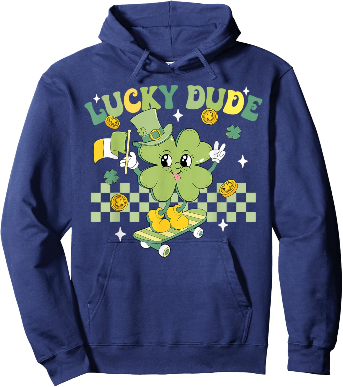 Lucky Dude Funny St Patrick's Day Kid Skateboarding Shamrock Hoodie - Hoodie | Navy